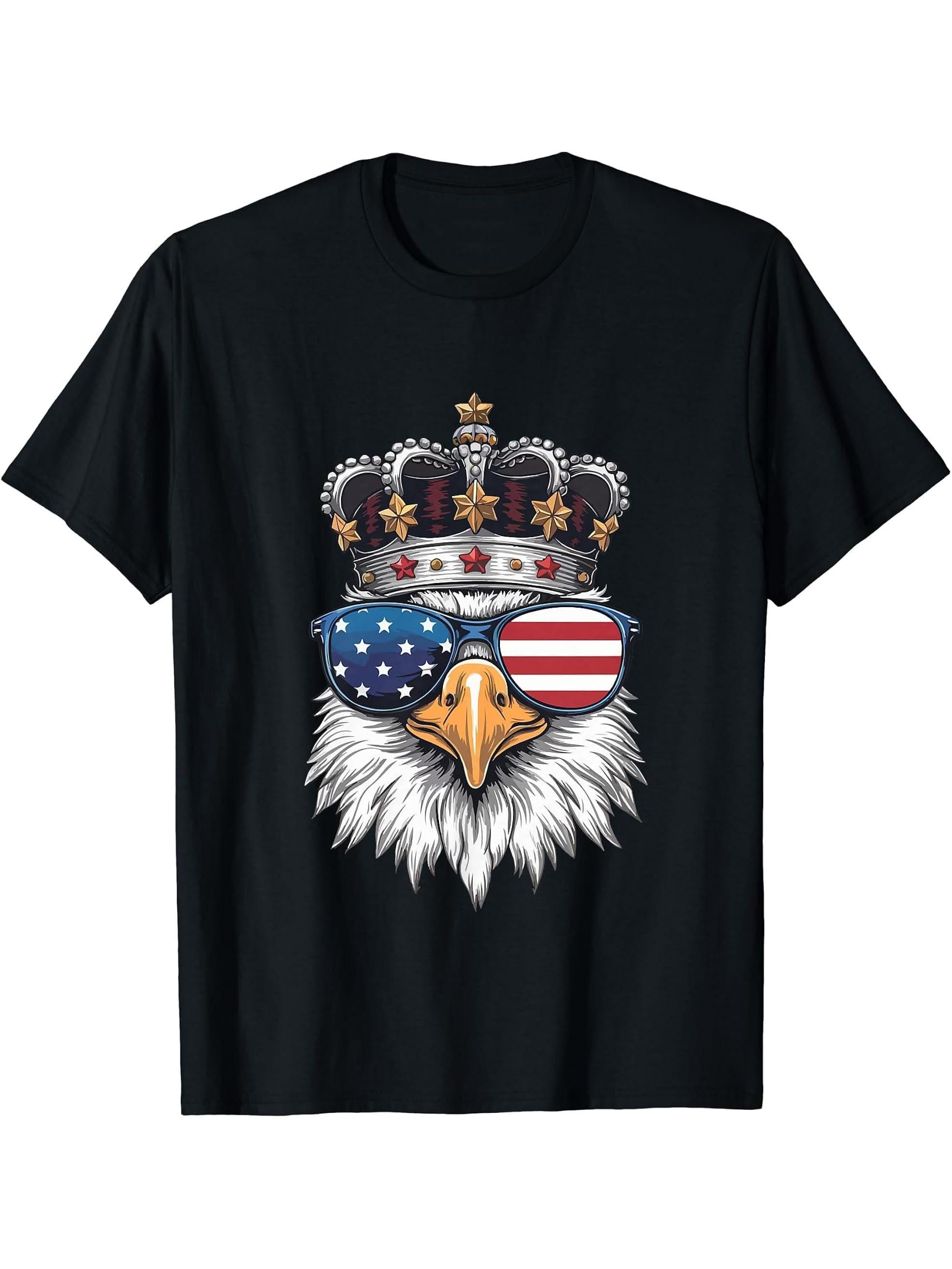 American Bald Eagle USA Flag 4th of July Eagle USA T-Shirt 180G 100% Cotton Printed Round Neck Short-Sleeve T-Shirt, Gifts for Men Dad Husband Grandpa, S-XXXL, Black