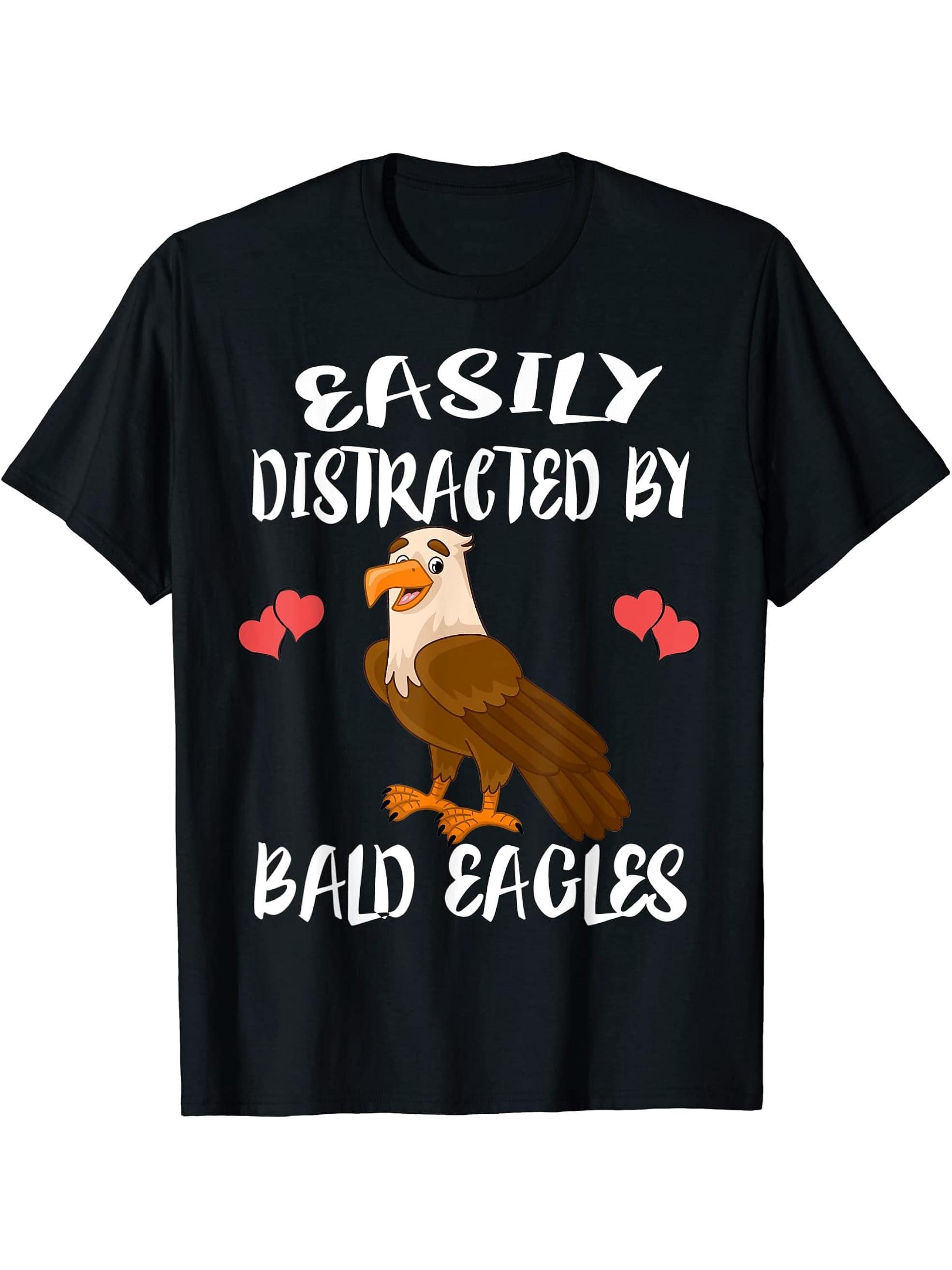 Easily Distracted By Bald Eagles Bird Lover T-Shirt 180G 100% Cotton Printed Round Neck Short-Sleeve T-Shirt, Gifts for Men Dad Husband Grandpa, S-XXXL, Black