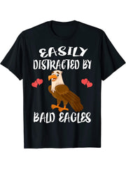 Easily Distracted By Bald Eagles Bird Lover T-Shirt 180G 100% Cotton Printed Round Neck Short-Sleeve T-Shirt, Gifts for Men Dad Husband Grandpa, S-XXXL, Black