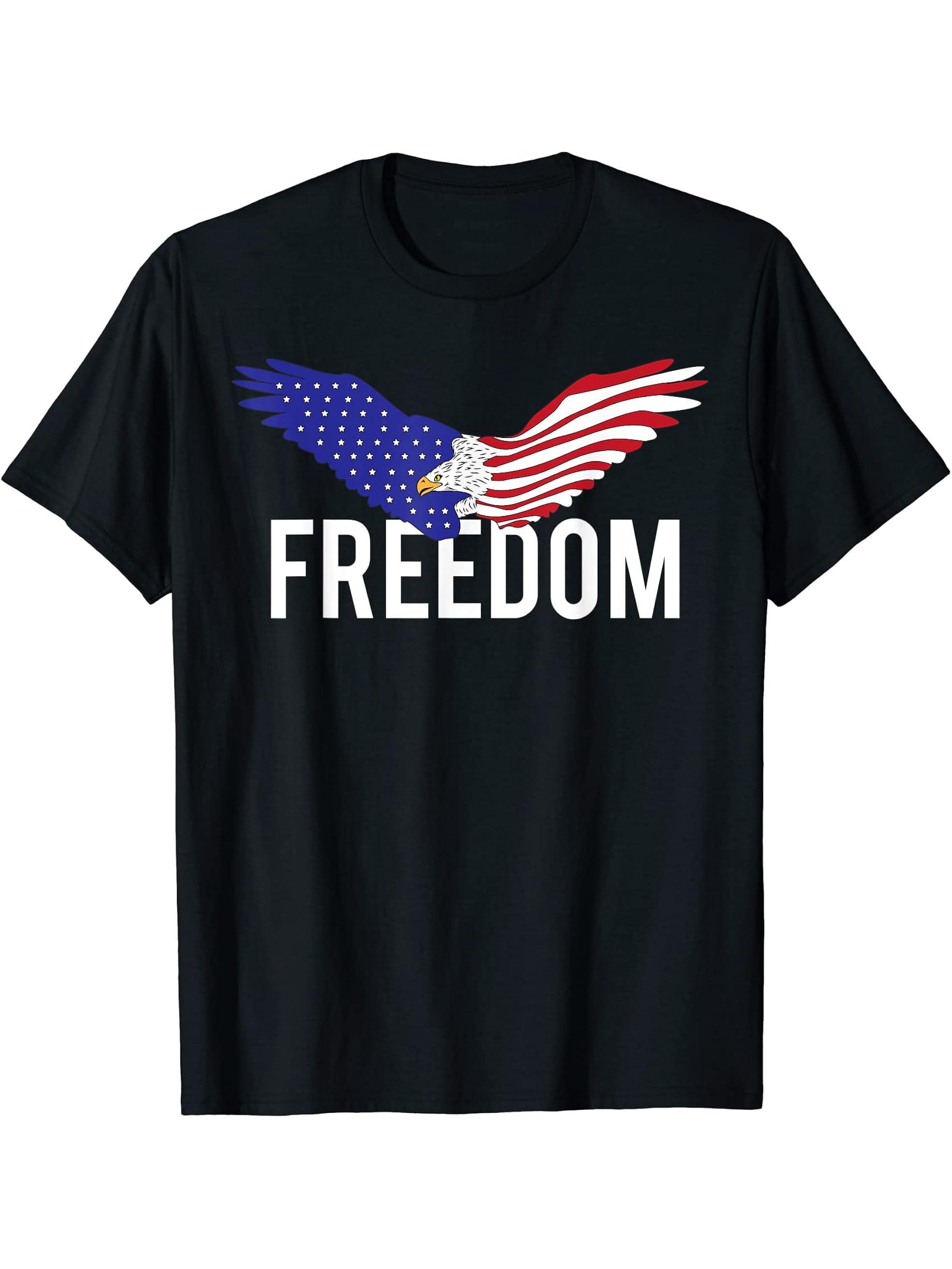 Freedom Bald Eagle Proud American USA Flag Patriotic T-Shirt 180G 100% Cotton Printed Round Neck Short-Sleeve T-Shirt, Gifts for Men Dad Husband Grandpa, S-XXXL, Black