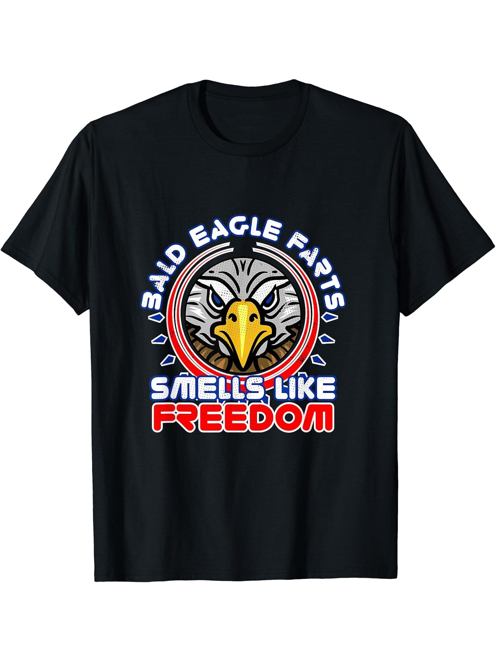 Funny Patriotic T Shirt Bald Eagle Farts Smell Like Freedom 180G 100% Cotton Printed Round Neck Short-Sleeve T-Shirt, Gifts for Men Dad Husband Grandpa, S-XXXL, Black