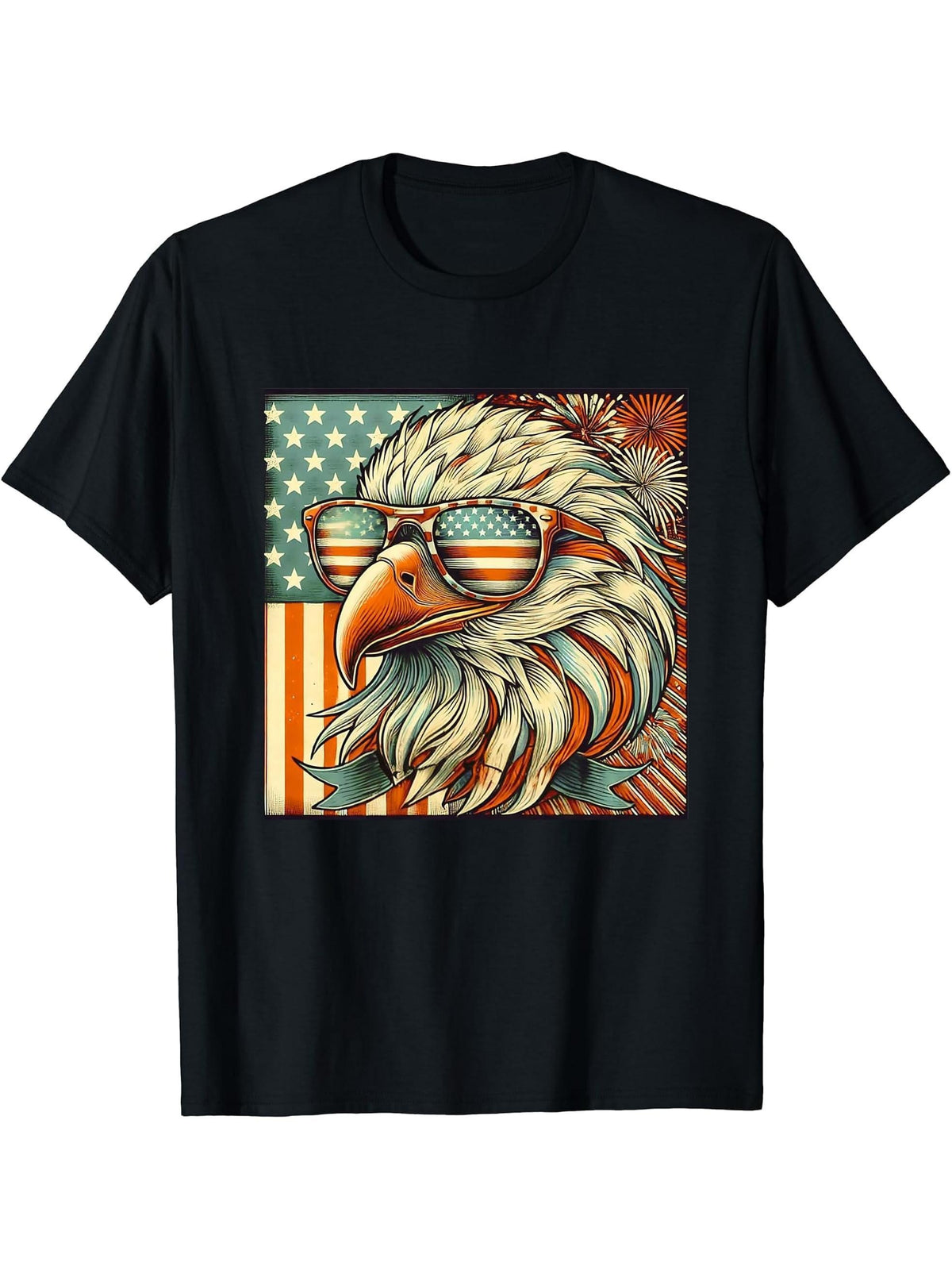 American Bald USA Eagle USA Flag 4th of July Eagle PN T-Shirt 180G 100% Cotton Printed Round Neck Short-Sleeve T-Shirt, Gifts for Men Dad Husband Grandpa, S-XXXL, Black