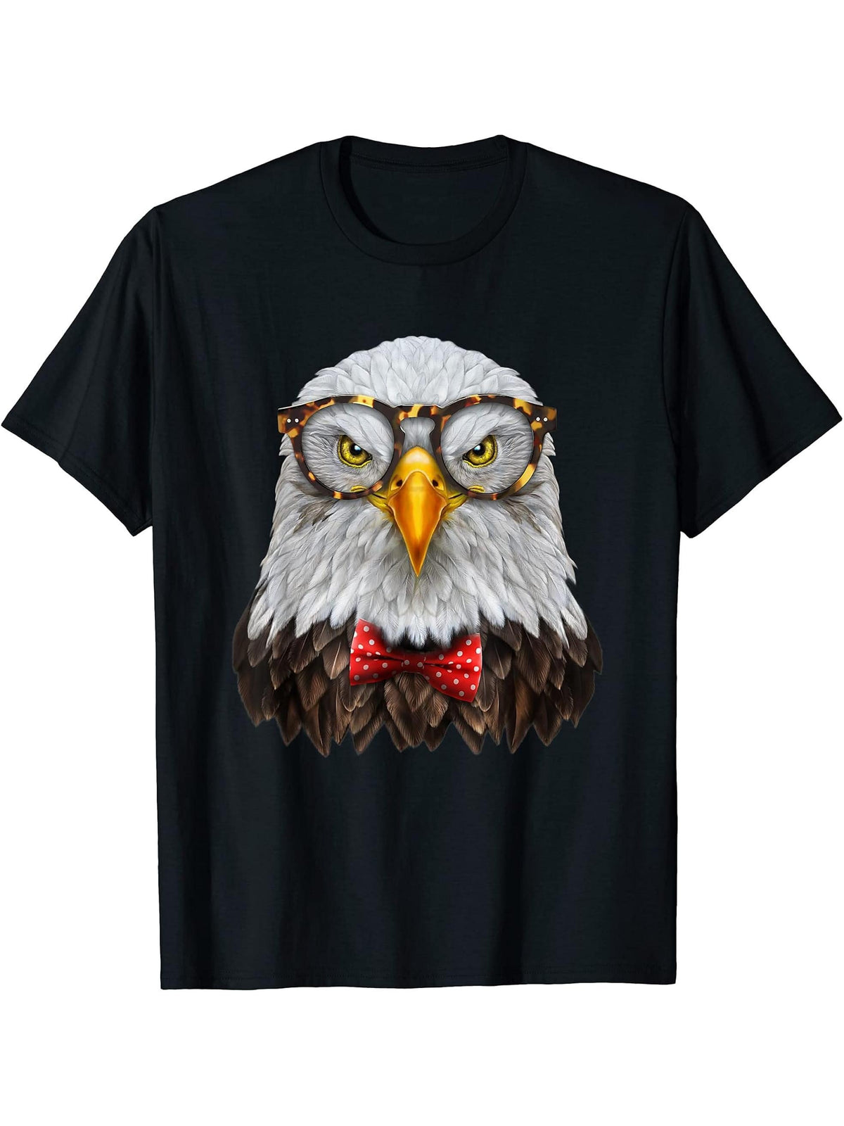 Bald Eagle in Classic Eyeglass and Bow Tie - T-Shirt 180G 100% Cotton Printed Round Neck Short-Sleeve T-Shirt, Gifts for Men Dad Husband Grandpa, S-XXXL, Black