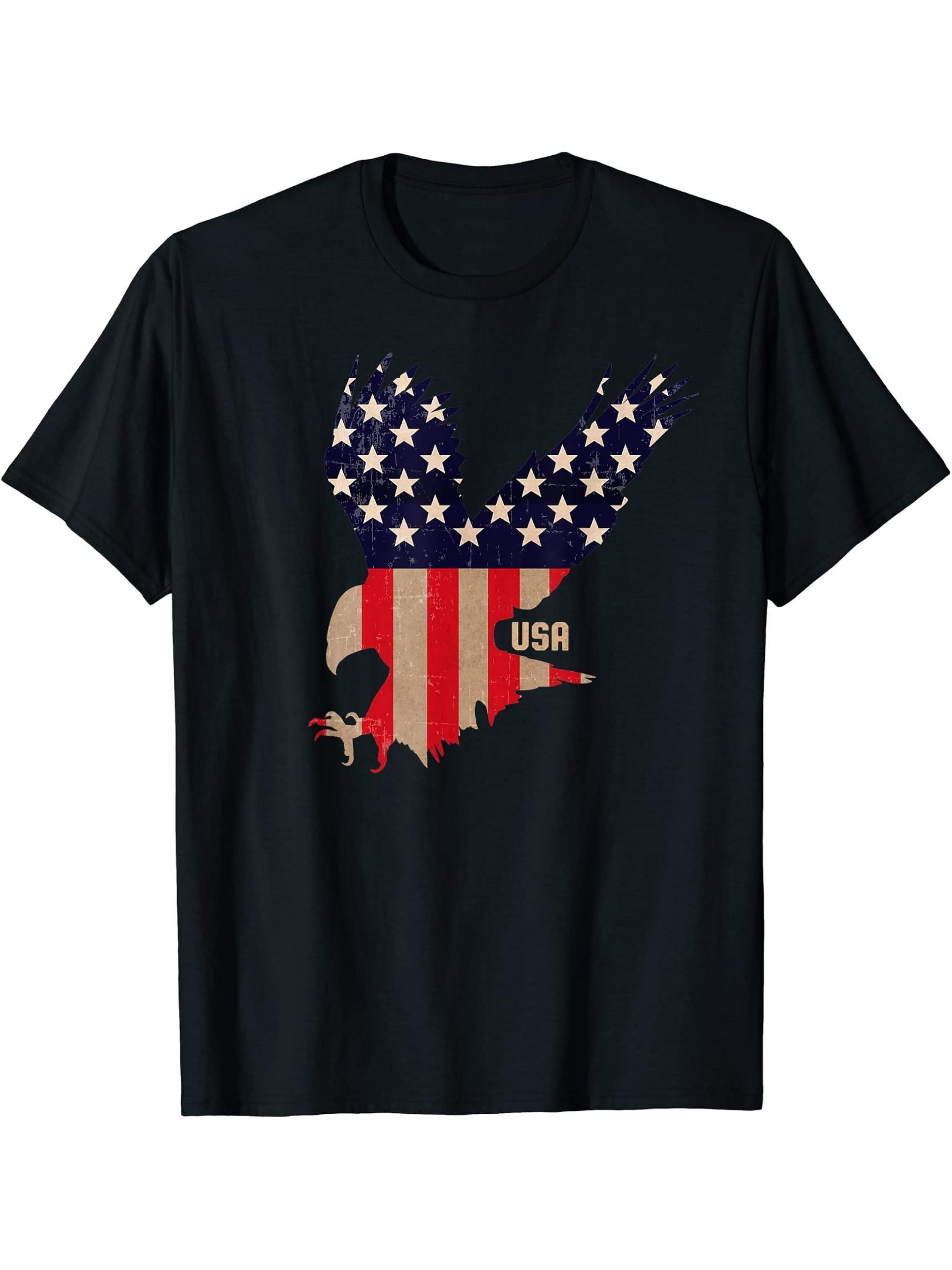 Bald Eagle American Flag/ Fourth of July T-Shirt 180G 100% Cotton Printed Round Neck Short-Sleeve T-Shirt, Gifts for Men Dad Husband Grandpa, S-XXXL, Black