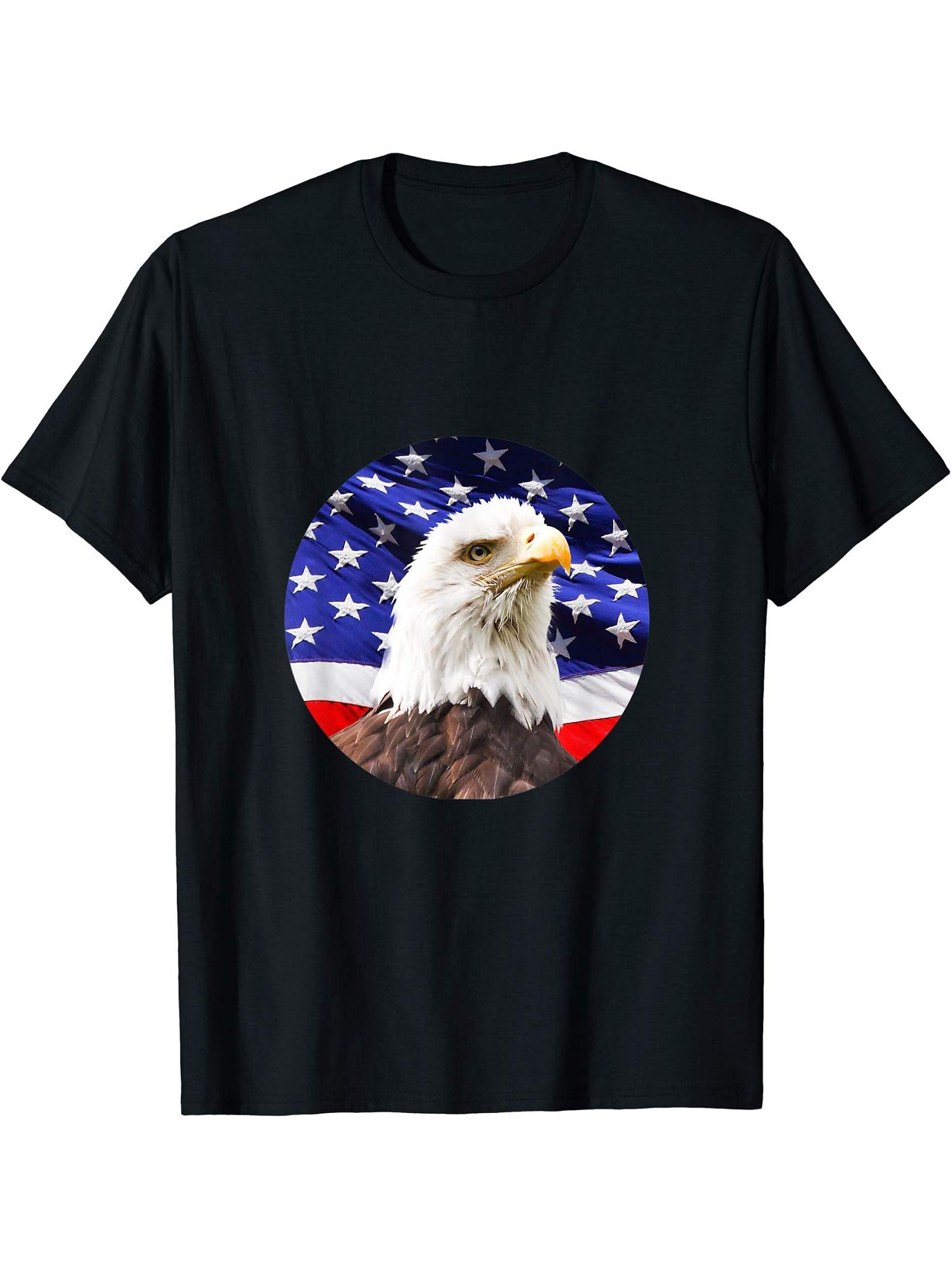 American Bald Eagle USA Flag 4th of July T-Shirt 180G 100% Cotton Printed Round Neck Short-Sleeve T-Shirt, Gifts for Men Dad Husband Grandpa, S-XXXL, Black