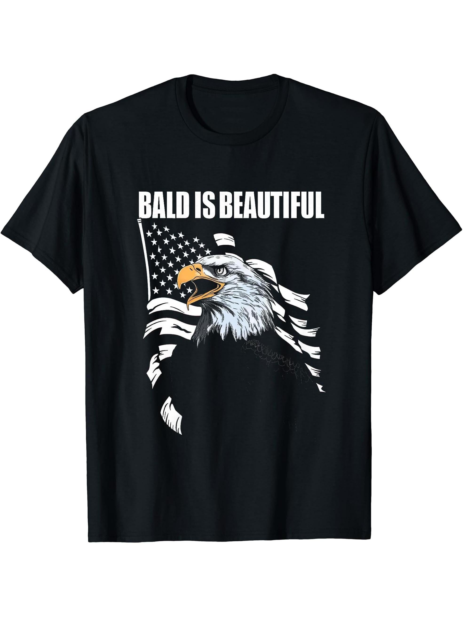 Bald Is Beautiful 4th of July Bald Eagle Patriotic Vintage T-Shirt 180G 100% Cotton Printed Round Neck Short-Sleeve T-Shirt, Gifts for Men Dad Husband Grandpa, S-XXXL, Black