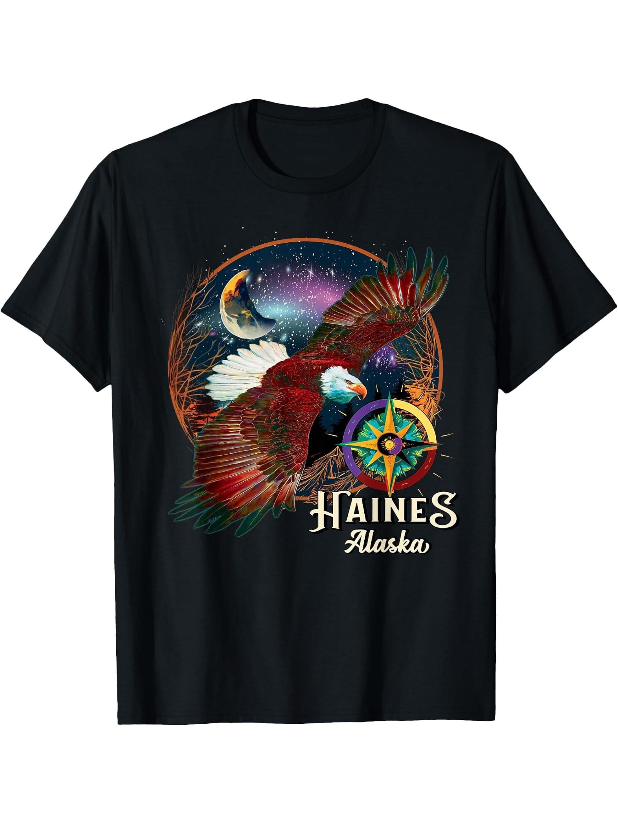 Cosmic Haines Alaska Dark Sky Aurora Borealis Bald Eagle T-Shirt 180G 100% Cotton Printed Round Neck Short-Sleeve T-Shirt, Gifts for Men Dad Husband Grandpa, S-XXXL, Black