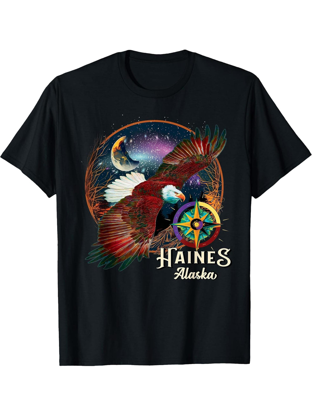 Cosmic Haines Alaska Dark Sky Aurora Borealis Bald Eagle T-Shirt 180G 100% Cotton Printed Round Neck Short-Sleeve T-Shirt, Gifts for Men Dad Husband Grandpa, S-XXXL, Black