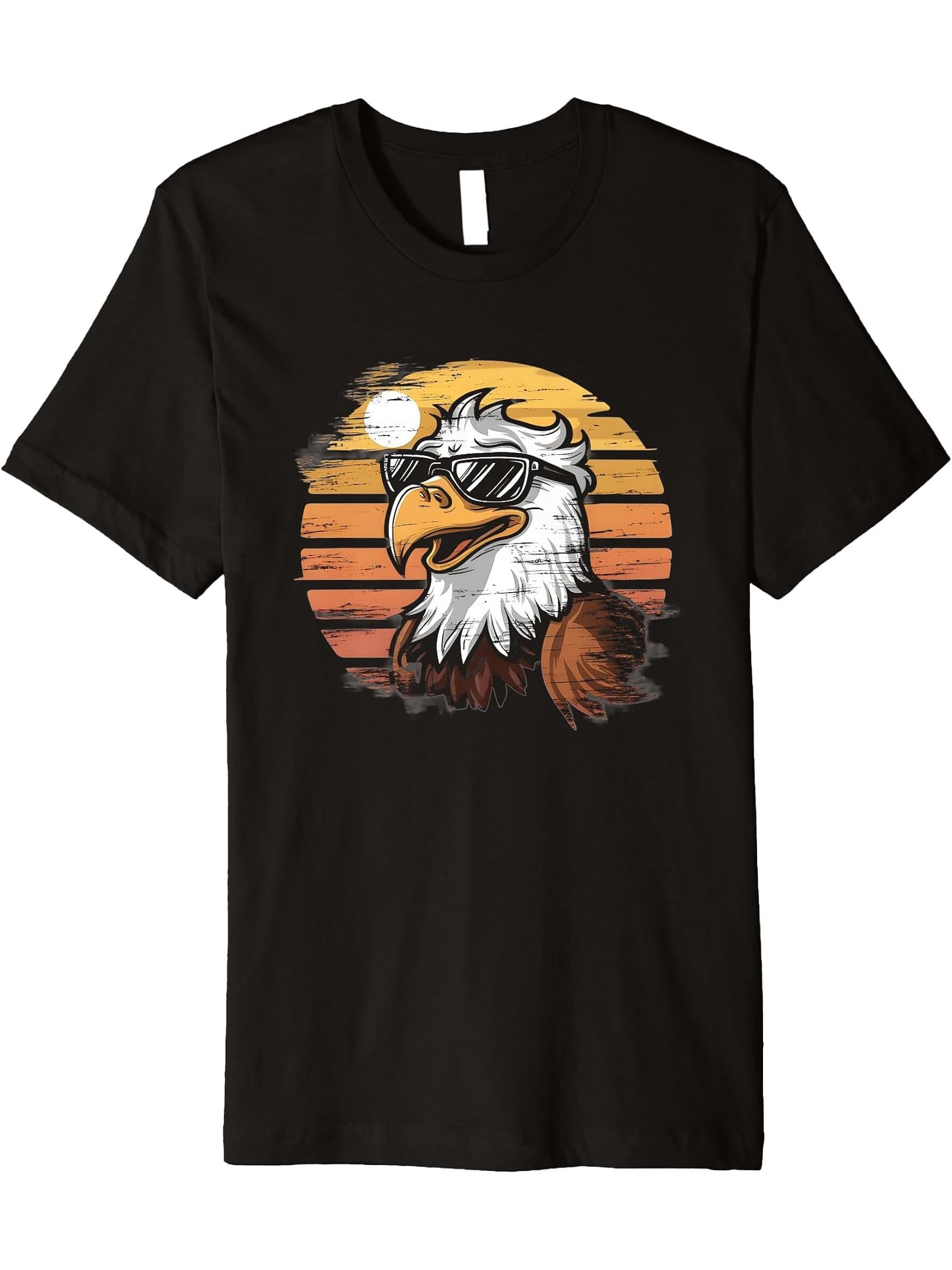 Bald Eagle Retro Sunset - Vintage Cool Eagle Bird Lover Premium T-Shirt 180G 100% Cotton Printed Round Neck Short-Sleeve T-Shirt, Gifts for Men Dad Husband Grandpa, S-XXXL, Black
