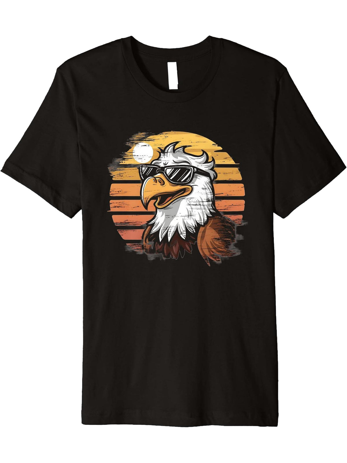 Bald Eagle Retro Sunset - Vintage Cool Eagle Bird Lover Premium T-Shirt 180G 100% Cotton Printed Round Neck Short-Sleeve T-Shirt, Gifts for Men Dad Husband Grandpa, S-XXXL, Black