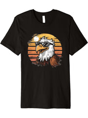 Bald Eagle Retro Sunset - Vintage Cool Eagle Bird Lover Premium T-Shirt 180G 100% Cotton Printed Round Neck Short-Sleeve T-Shirt, Gifts for Men Dad Husband Grandpa, S-XXXL, Black