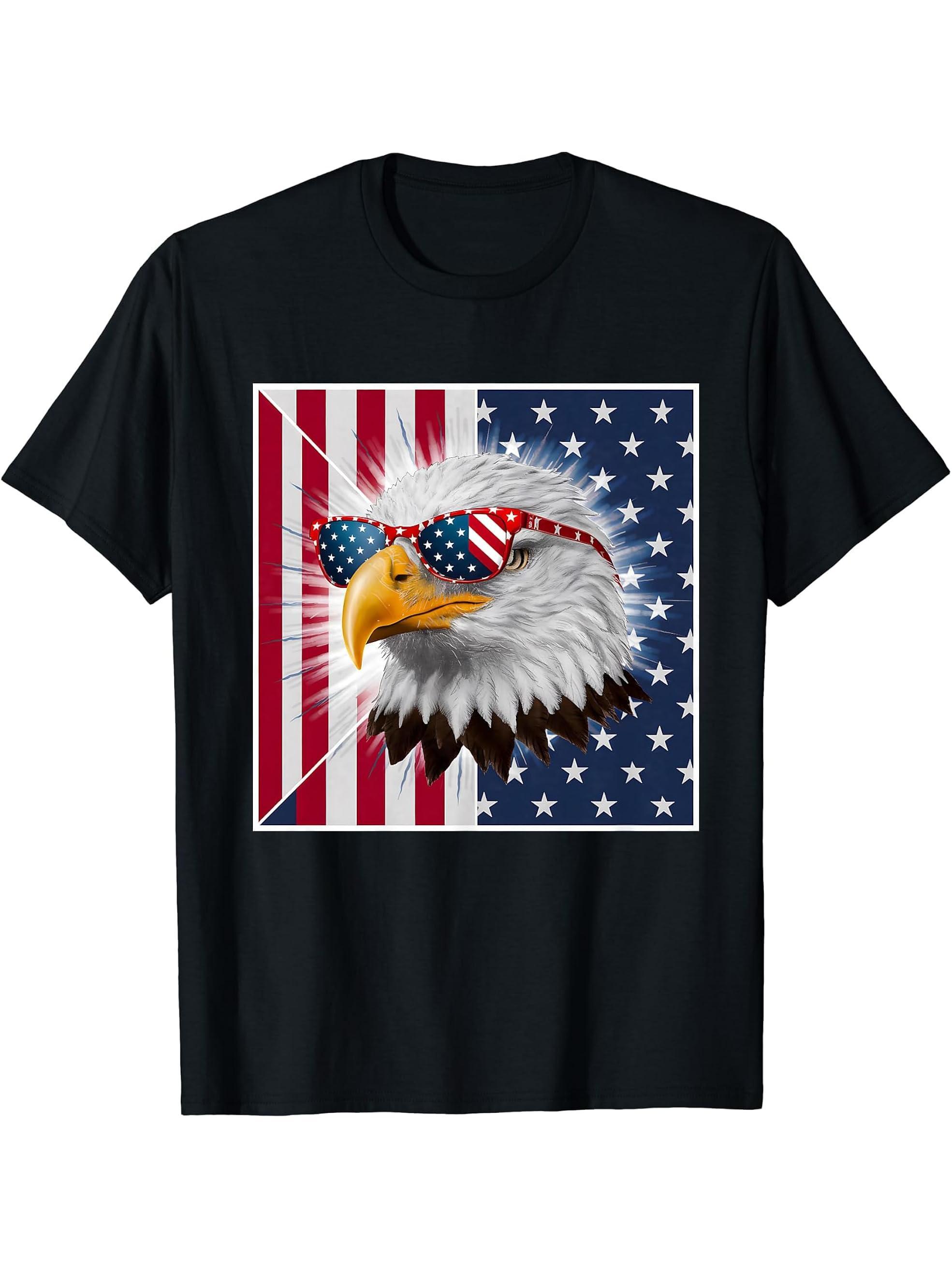 American Bald USA Eagle USA Flag 4th of July Eagle PN T-Shirt 180G 100% Cotton Printed Round Neck Short-Sleeve T-Shirt, Gifts for Men Dad Husband Grandpa, S-XXXL, Black