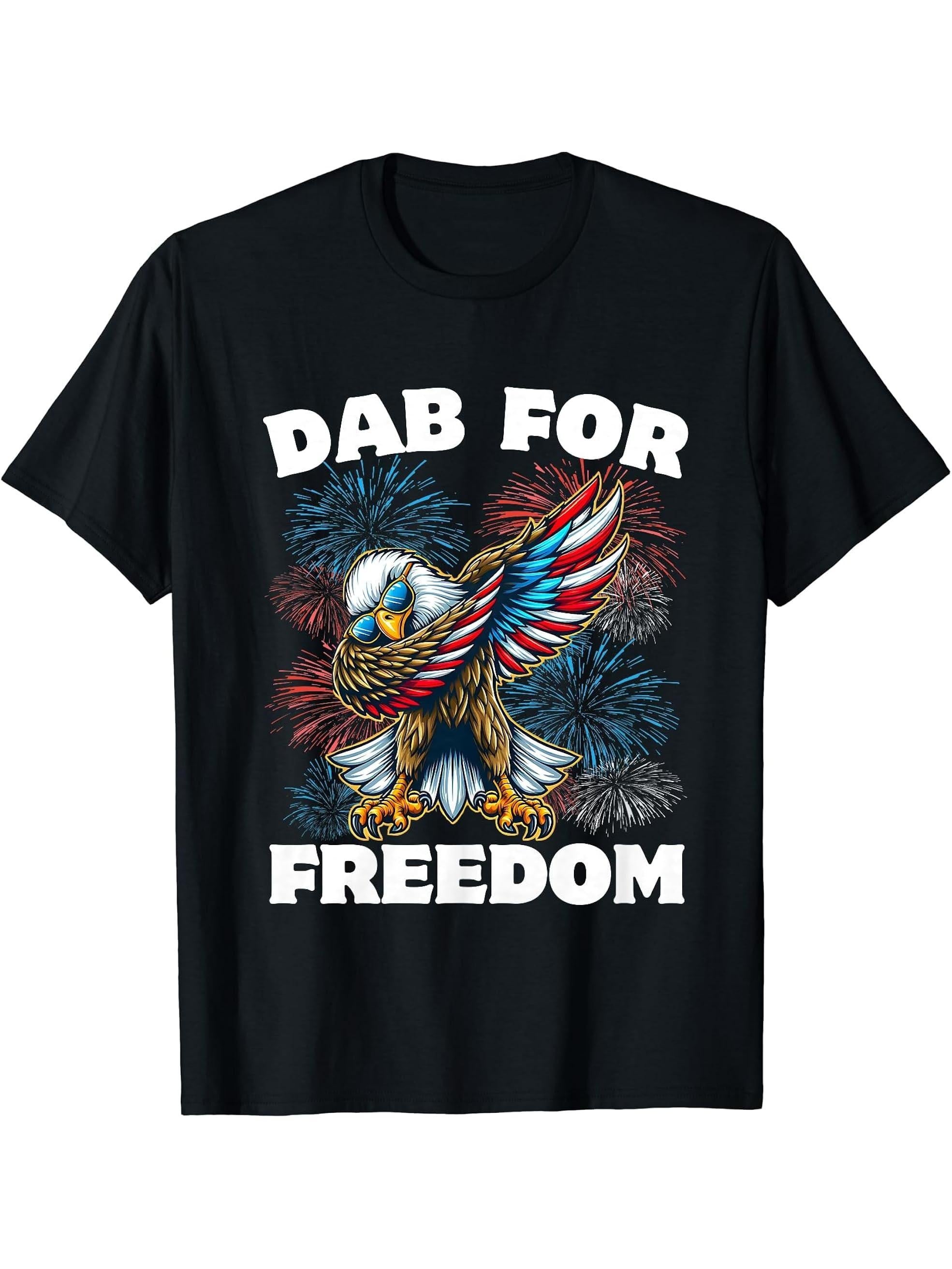 Dab For Freedom 4th Of July Dabbing Bald Eagle American Flag T-Shirt 180G 100% Cotton Printed Round Neck Short-Sleeve T-Shirt, Gifts for Men Dad Husband Grandpa, S-XXXL, Black