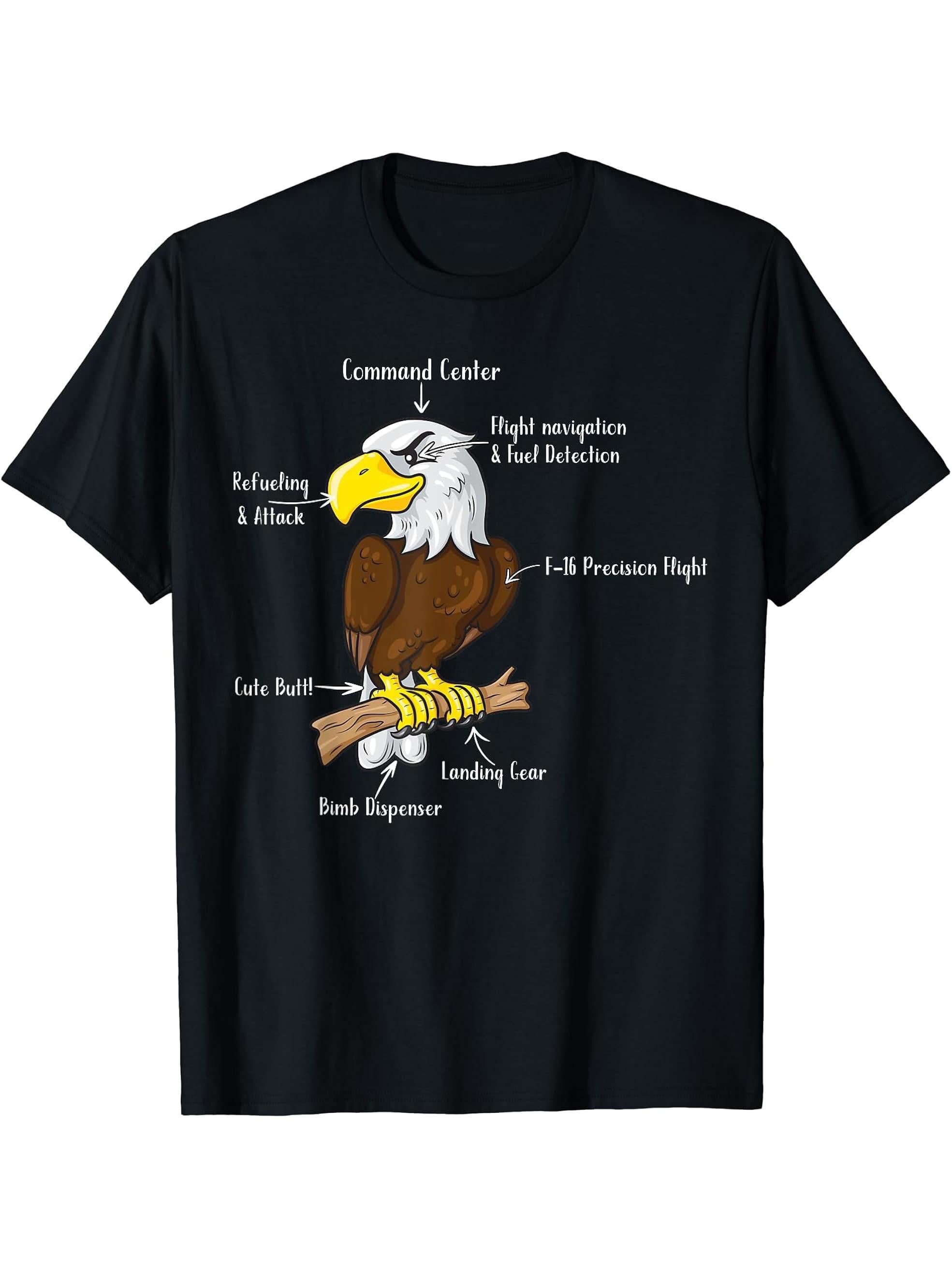 Anatomy of an American Bald Eagle Cute Bird Watching Graphic T-Shirt 180G 100% Cotton Printed Round Neck Short-Sleeve T-Shirt, Gifts for Men Dad Husband Grandpa, S-XXXL, Black
