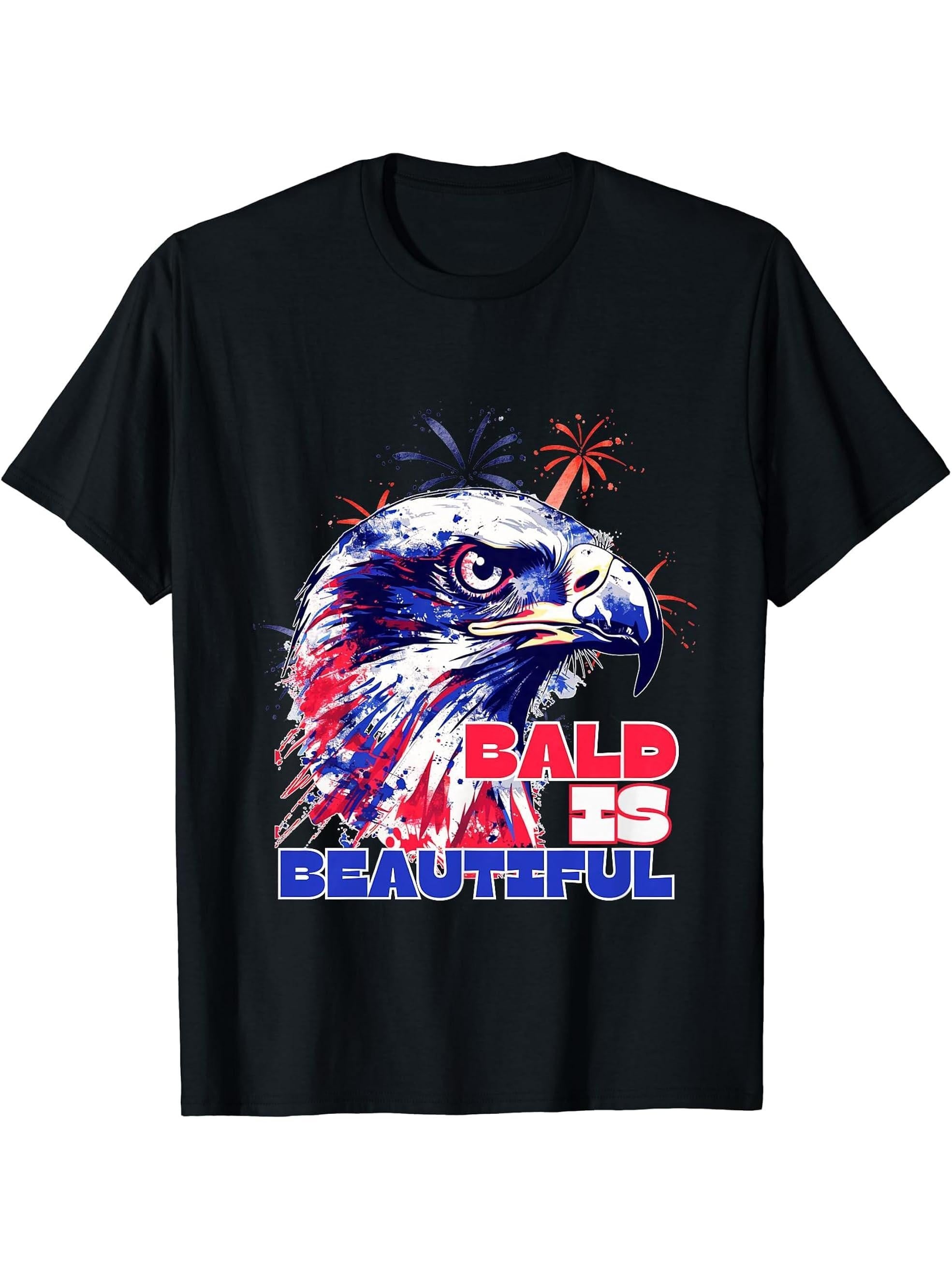 Bald & Beautiful Eagle Graphic | Patriotic USA Design T-Shirt 180G 100% Cotton Printed Round Neck Short-Sleeve T-Shirt, Gifts for Men Dad Husband Grandpa, S-XXXL, Black