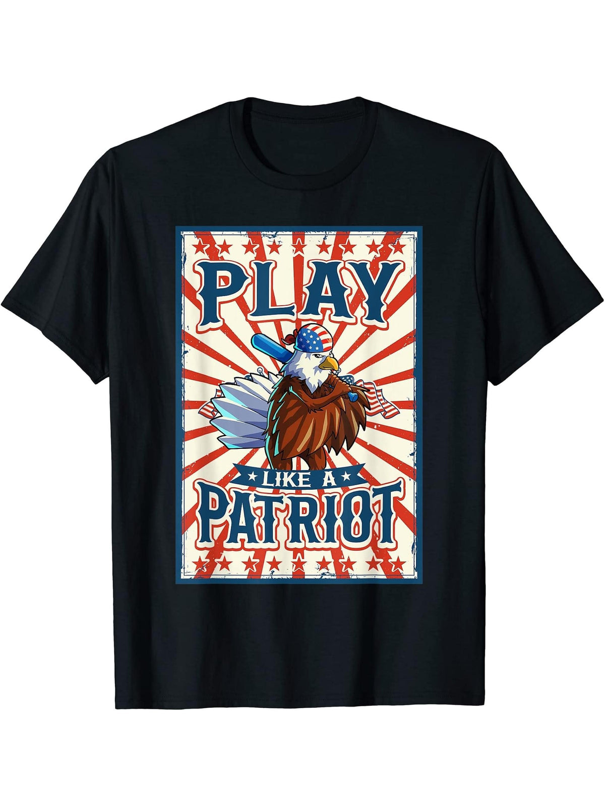 American Bald Eagle 4th Of July Women Men American USA Flag T-Shirt 180G 100% Cotton Printed Round Neck Short-Sleeve T-Shirt, Gifts for Men Dad Husband Grandpa, S-XXXL, Black