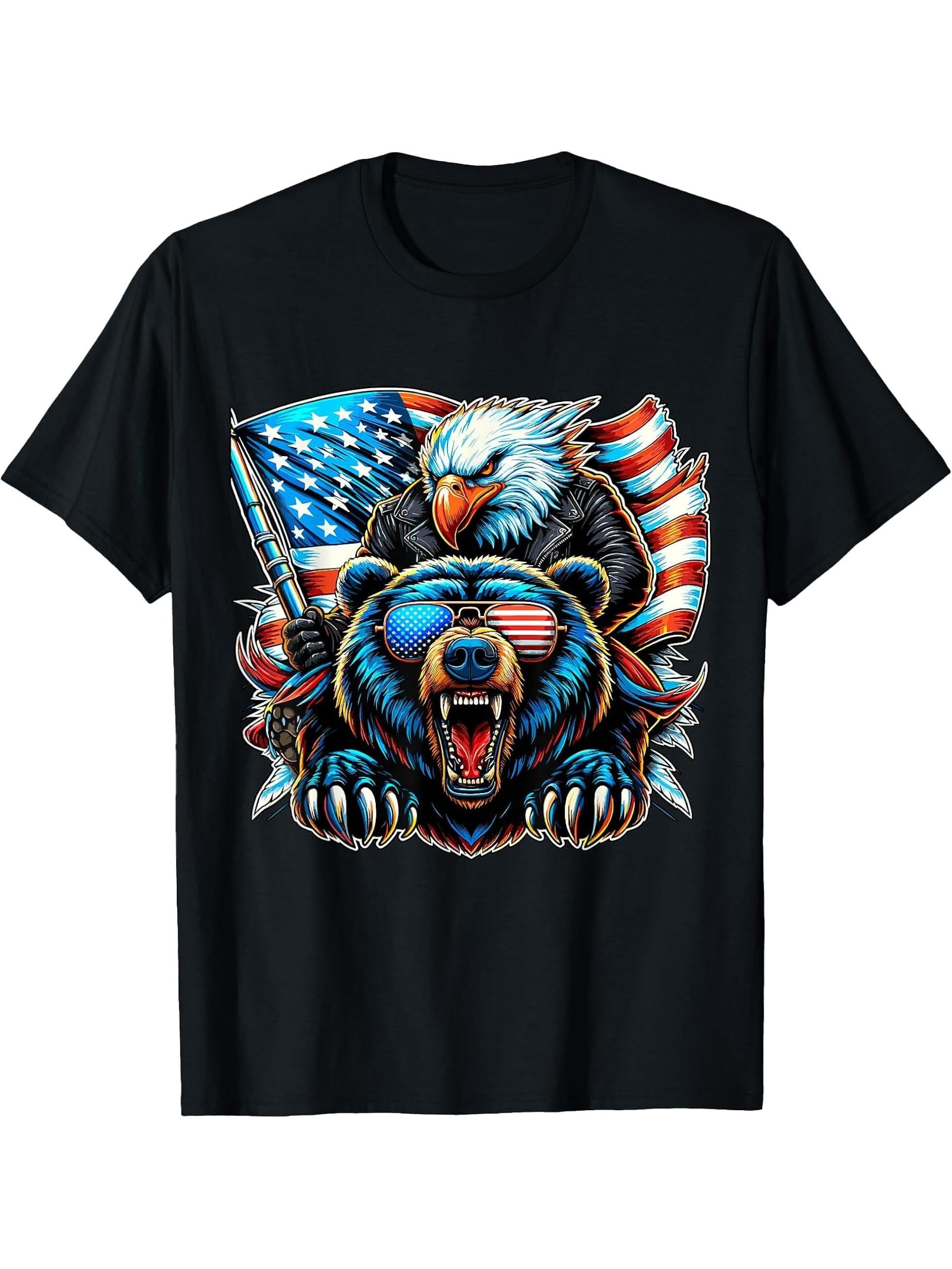 American Bald Eagle and Bear with USA Flag 4th of July T-Shirt 180G 100% Cotton Printed Round Neck Short-Sleeve T-Shirt, Gifts for Men Dad Husband Grandpa, S-XXXL, Black