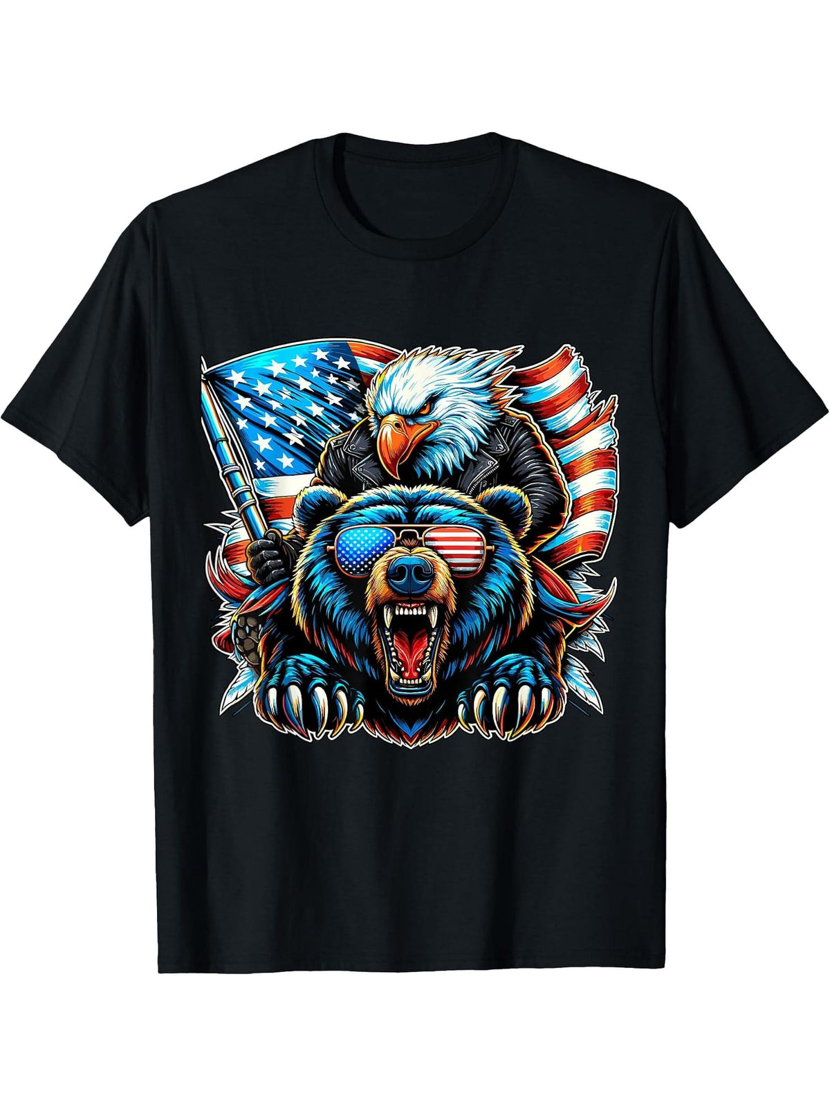 American Bald Eagle and Bear with USA Flag 4th of July T-Shirt 180G 100% Cotton Printed Round Neck Short-Sleeve T-Shirt, Gifts for Men Dad Husband Grandpa, S-XXXL, Black