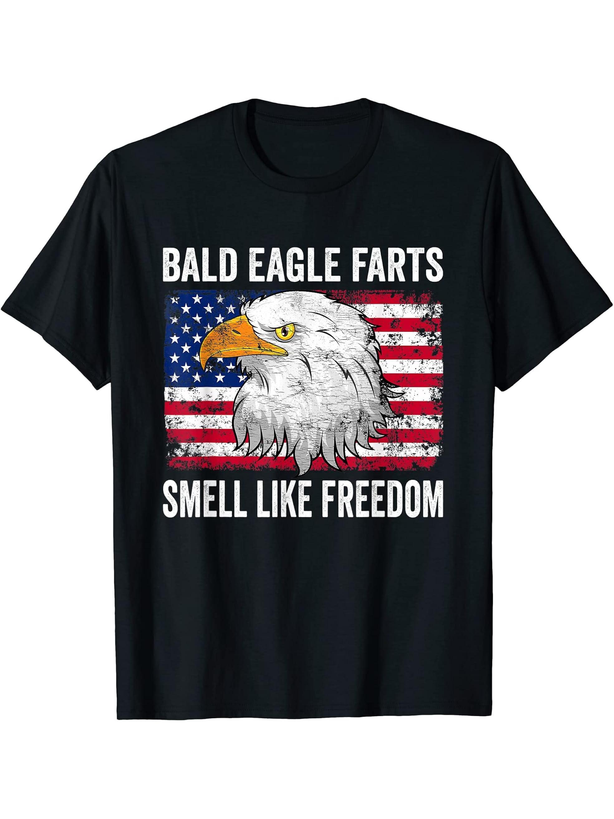 Bald Eagle Farts Smell Like Freedom American 4th Of July T-Shirt 180G 100% Cotton Printed Round Neck Short-Sleeve T-Shirt, Gifts for Men Dad Husband Grandpa, S-XXXL, Black