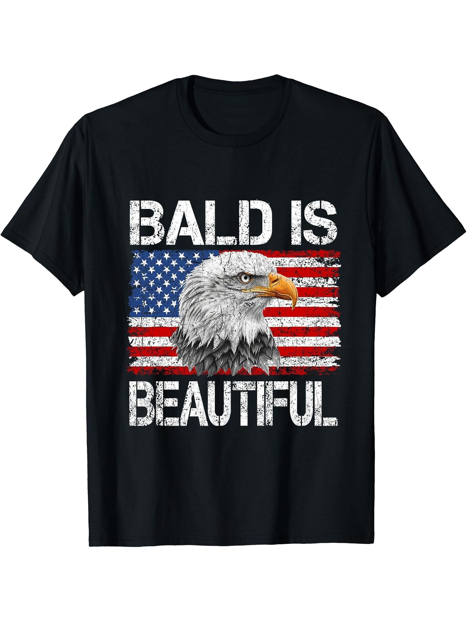 Bald Is Beautiful 4th of July Independence Day Bald Eagle T-Shirt 180G 100% Cotton Printed Round Neck Short-Sleeve T-Shirt, Gifts for Men Dad Husband Grandpa, S-XXXL, Black