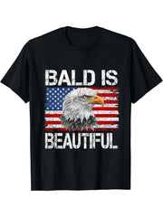 Bald Is Beautiful 4th of July Independence Day Bald Eagle T-Shirt 180G 100% Cotton Printed Round Neck Short-Sleeve T-Shirt, Gifts for Men Dad Husband Grandpa, S-XXXL, Black