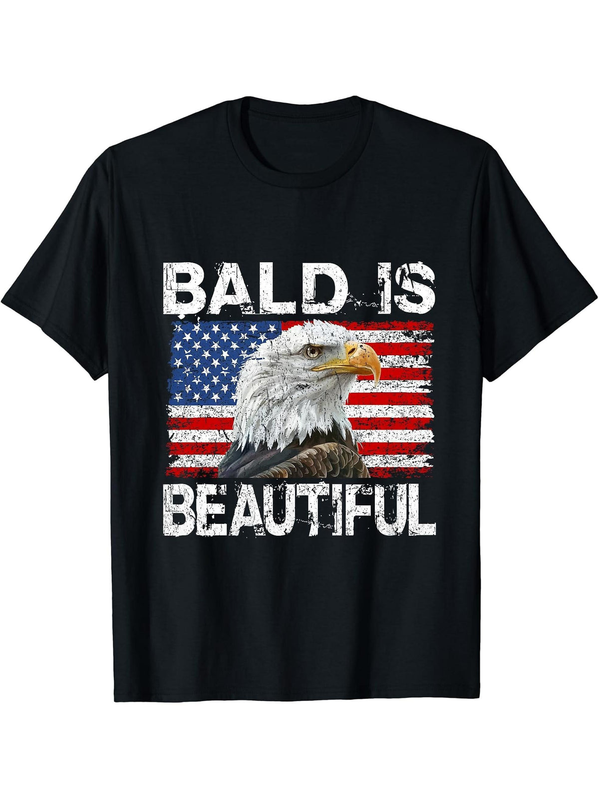 Bald Is Beautiful 4th of July Independence Day Bald Eagle T-Shirt 180G 100% Cotton Printed Round Neck Short-Sleeve T-Shirt, Gifts for Men Dad Husband Grandpa, S-XXXL, Black