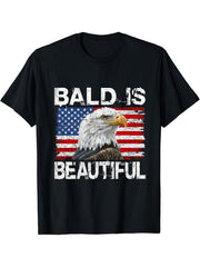 Bald Is Beautiful 4th of July Independence Day Bald Eagle T-Shirt 180G 100% Cotton Printed Round Neck Short-Sleeve T-Shirt, Gifts for Men Dad Husband Grandpa, S-XXXL, Black