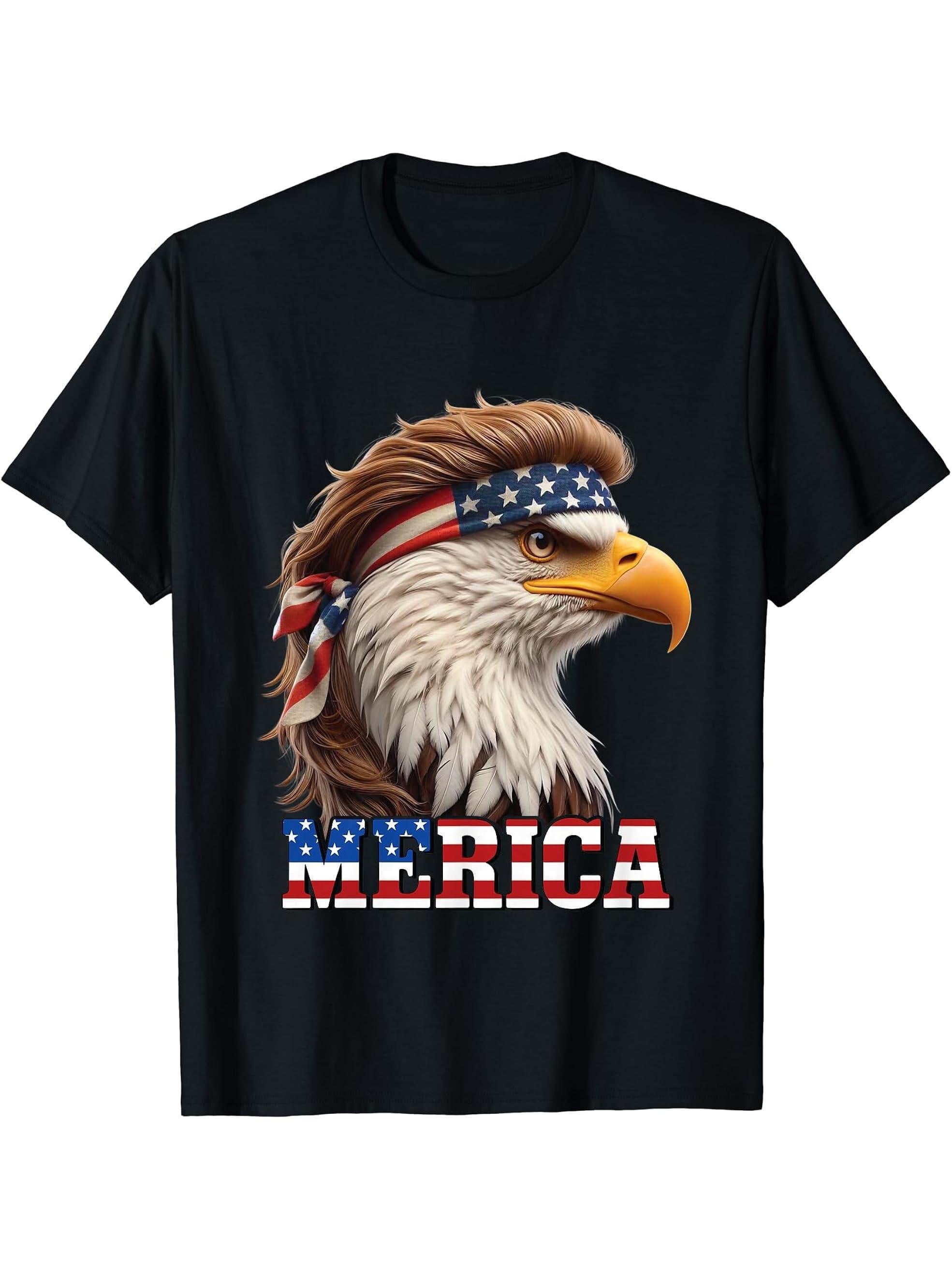 Bald Eagle Brown Mullet Wig USA Bandana Patriotic Funny T-Shirt 180G 100% Cotton Printed Round Neck Short-Sleeve T-Shirt, Gifts for Men Dad Husband Grandpa, S-XXXL, Black