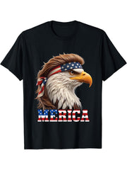 Bald Eagle Brown Mullet Wig USA Bandana Patriotic Funny T-Shirt 180G 100% Cotton Printed Round Neck Short-Sleeve T-Shirt, Gifts for Men Dad Husband Grandpa, S-XXXL, Black