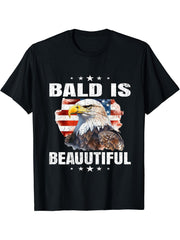 Bald Is Beautiful 4th of July Independence Day Bald Eagle T-Shirt 180G 100% Cotton Printed Round Neck Short-Sleeve T-Shirt, Gifts for Men Dad Husband Grandpa, S-XXXL, Black