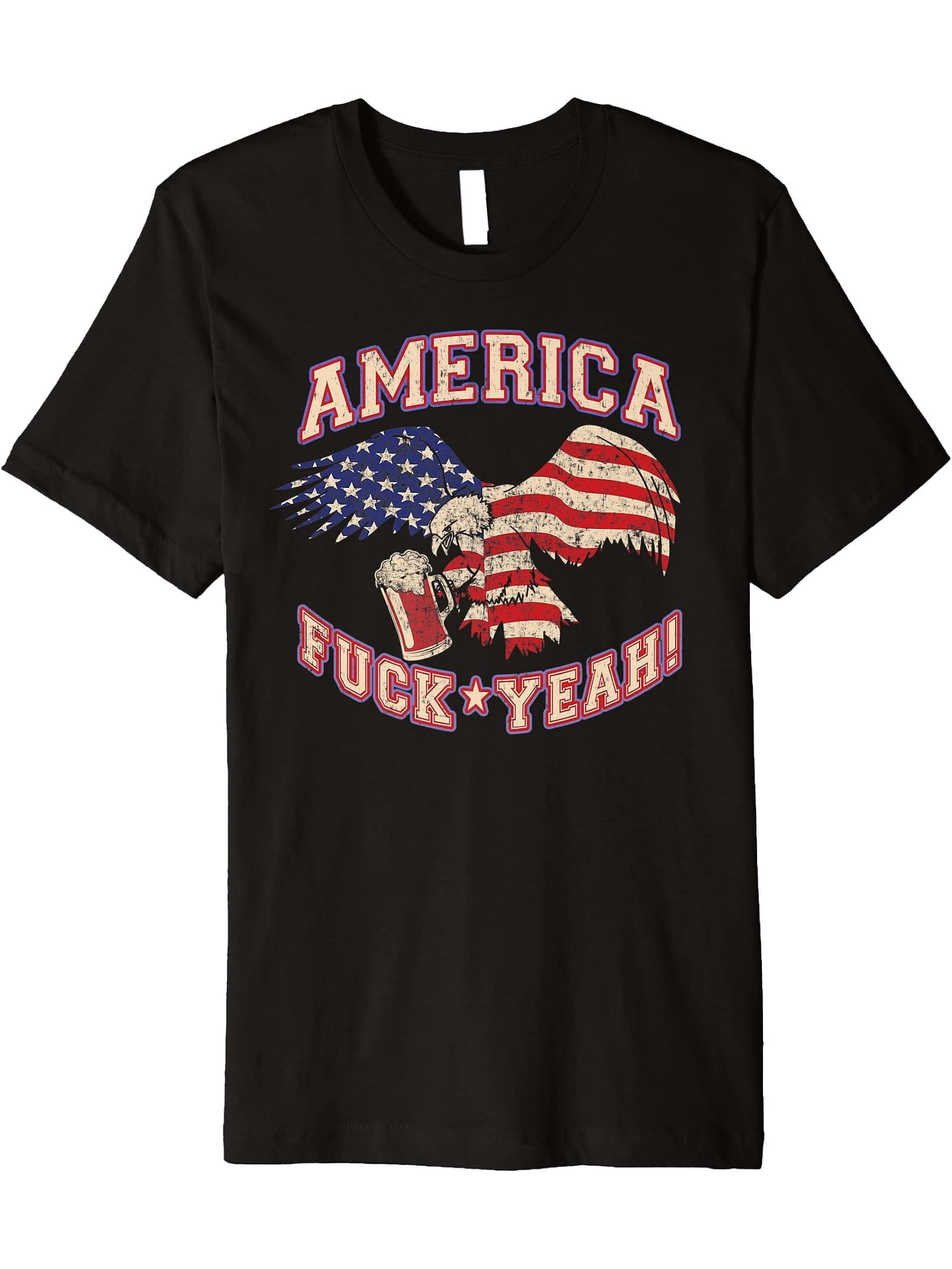 America Fuck Yeah Bald Eagle Beer 4th of July Vintage Premium T-Shirt 180G 100% Cotton Printed Round Neck Short-Sleeve T-Shirt, Gifts for Men Dad Husband Grandpa, S-XXXL, Black