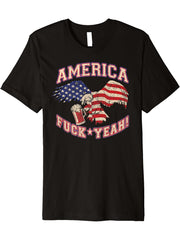 America Fuck Yeah Bald Eagle Beer 4th of July Vintage Premium T-Shirt 180G 100% Cotton Printed Round Neck Short-Sleeve T-Shirt, Gifts for Men Dad Husband Grandpa, S-XXXL, Black