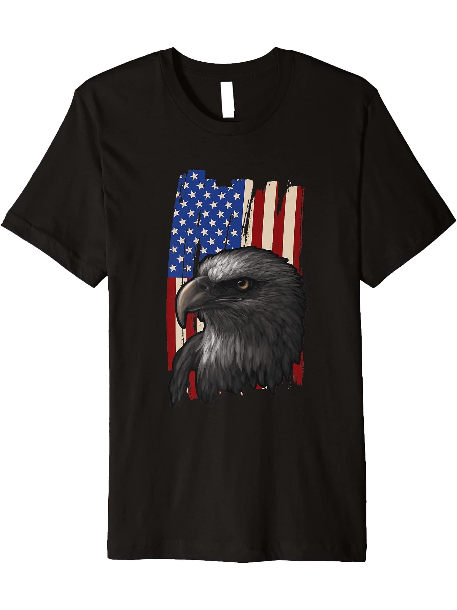 American Bald Eagle Independance American Flag Eagle Premium T-Shirt 180G 100% Cotton Printed Round Neck Short-Sleeve T-Shirt, Gifts for Men Dad Husband Grandpa, S-XXXL, Black