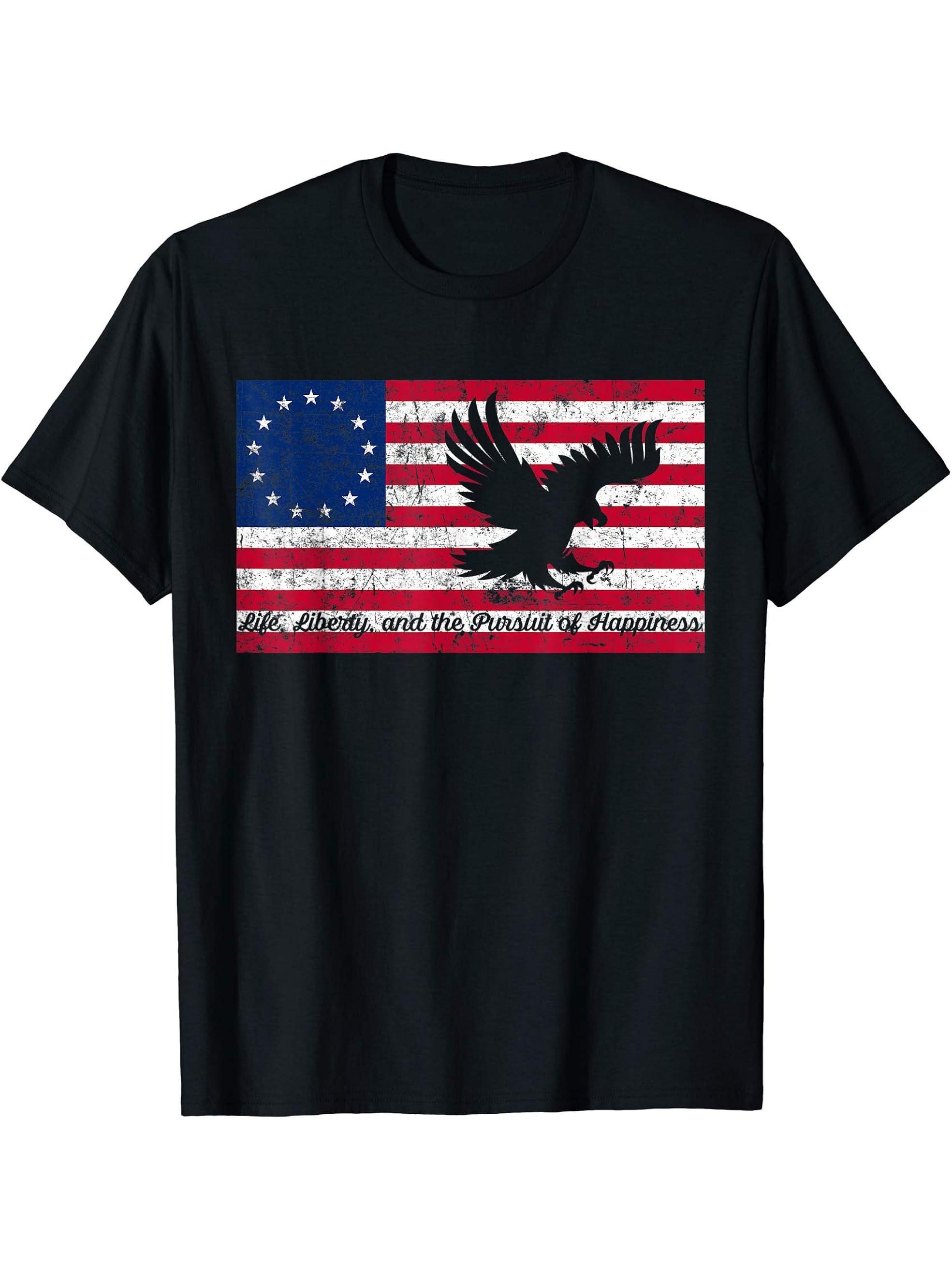 First American Betsy Ross Bald Eagle Flag Patriotic T-Shirt 180G 100% Cotton Printed Round Neck Short-Sleeve T-Shirt, Gifts for Men Dad Husband Grandpa, S-XXXL, Black