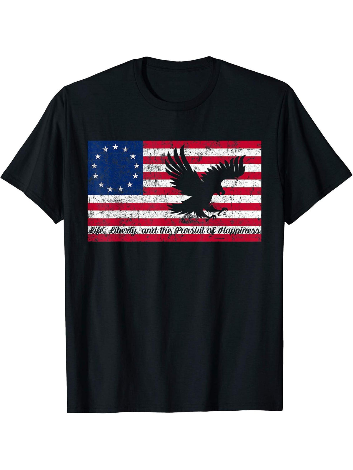 First American Betsy Ross Bald Eagle Flag Patriotic T-Shirt 180G 100% Cotton Printed Round Neck Short-Sleeve T-Shirt, Gifts for Men Dad Husband Grandpa, S-XXXL, Black