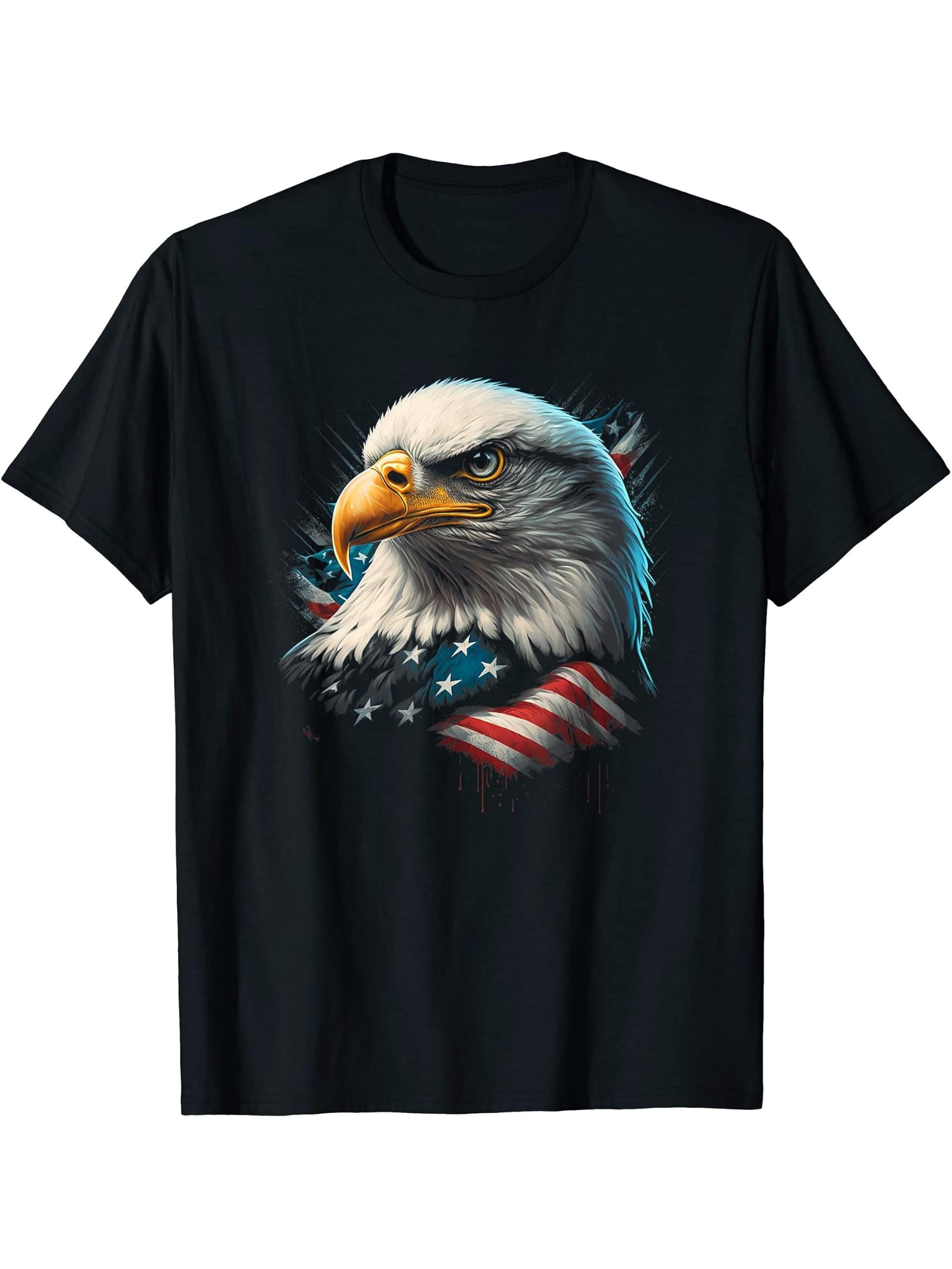 Bald Eagle 4th of July Gifts American Flag Distressed Retro T-Shirt 180G 100% Cotton Printed Round Neck Short-Sleeve T-Shirt, Gifts for Men Dad Husband Grandpa, S-XXXL, Black