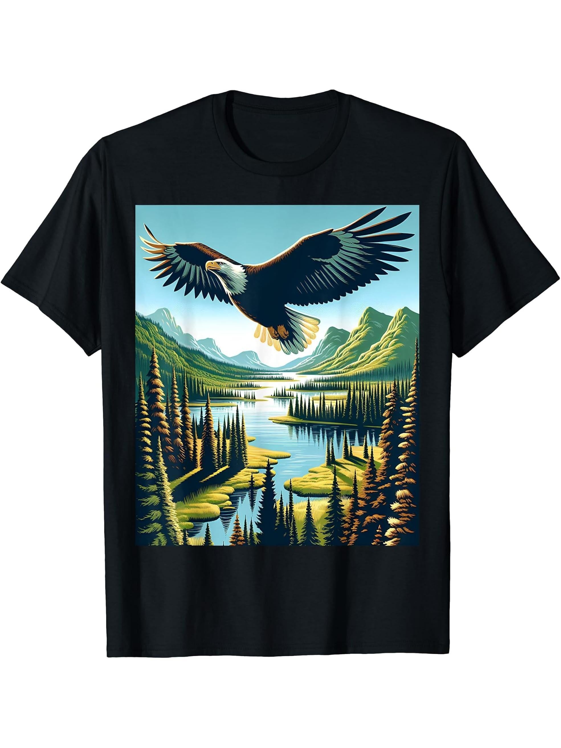 Bald Eagle Soaring National Park T-Shirt 180G 100% Cotton Printed Round Neck Short-Sleeve T-Shirt, Gifts for Men Dad Husband Grandpa, S-XXXL, Black
