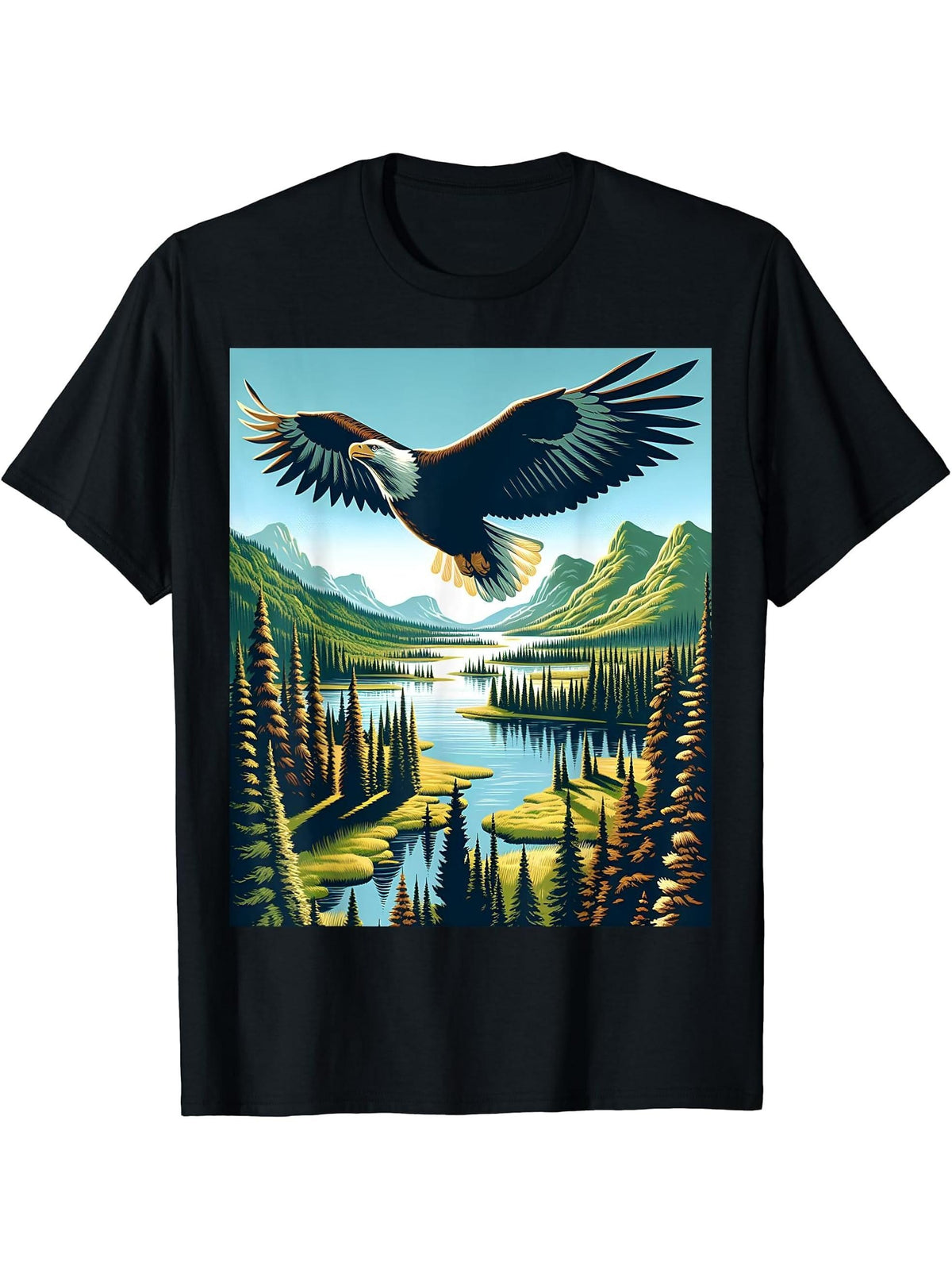 Bald Eagle Soaring National Park T-Shirt 180G 100% Cotton Printed Round Neck Short-Sleeve T-Shirt, Gifts for Men Dad Husband Grandpa, S-XXXL, Black