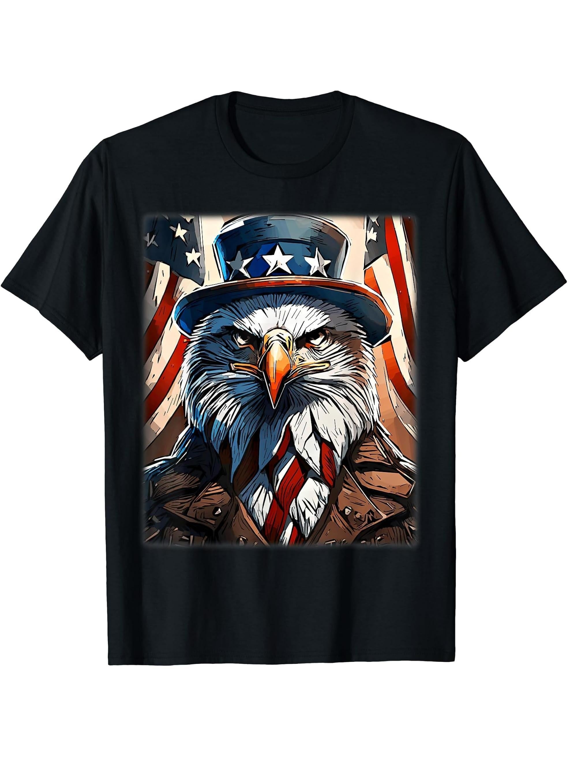 American Meme Bald Eagle Patriotic Bird Flag Lincoln Hat T-Shirt 180G 100% Cotton Printed Round Neck Short-Sleeve T-Shirt, Gifts for Men Dad Husband Grandpa, S-XXXL, Black