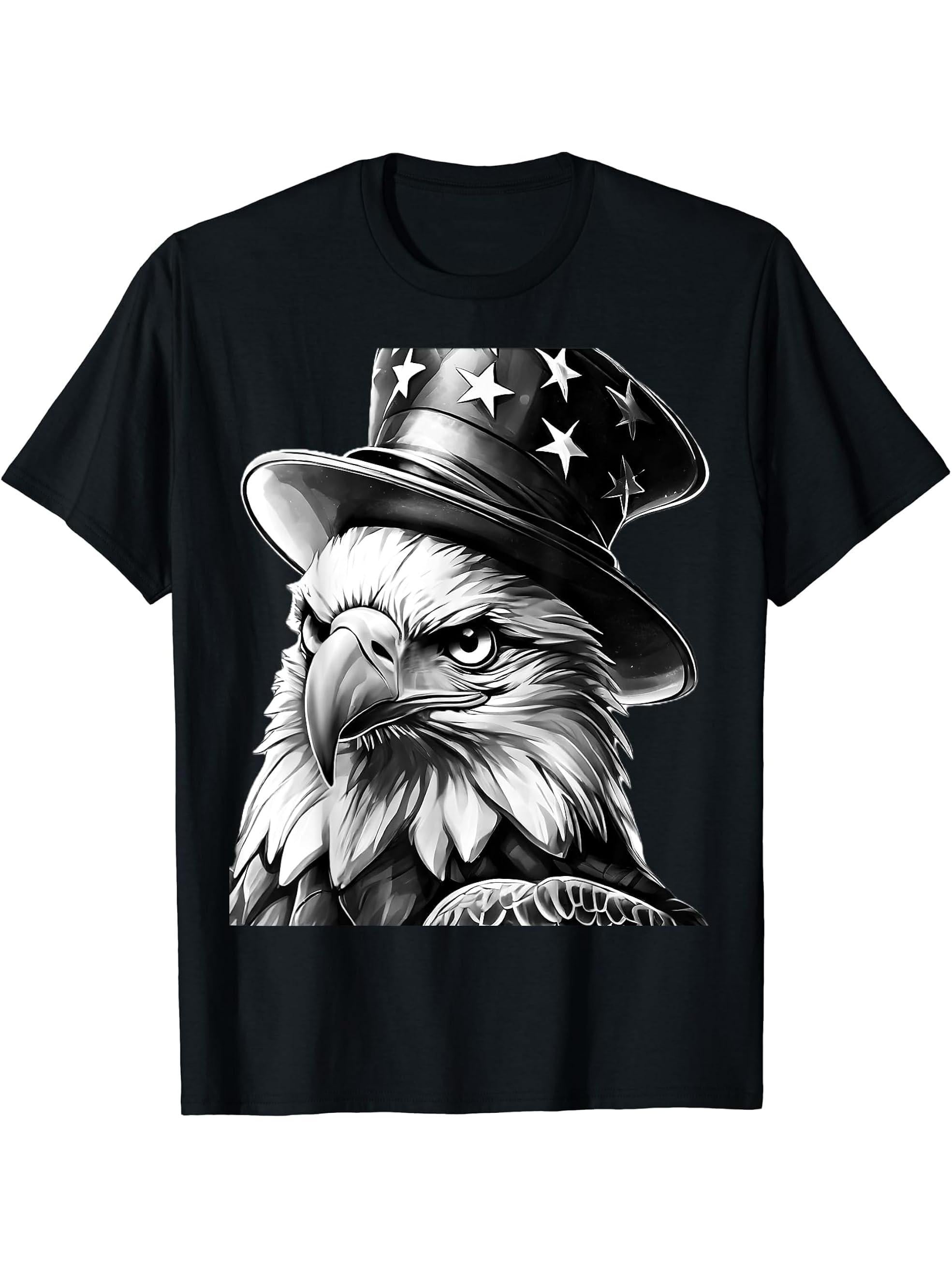 American Meme Bald Eagle Patriotic Bird Flag Lincoln Hat T-Shirt 180G 100% Cotton Printed Round Neck Short-Sleeve T-Shirt, Gifts for Men Dad Husband Grandpa, S-XXXL, Black