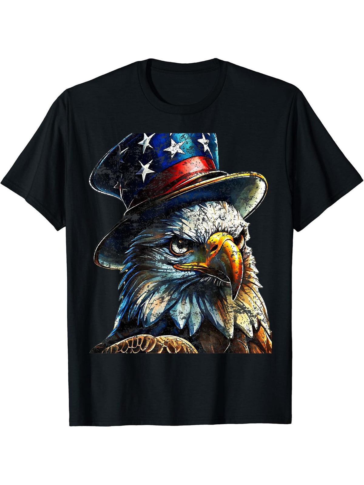 American Meme Bald Eagle Patriotic Bird Flag Lincoln Hat T-Shirt 180G 100% Cotton Printed Round Neck Short-Sleeve T-Shirt, Gifts for Men Dad Husband Grandpa, S-XXXL, Black