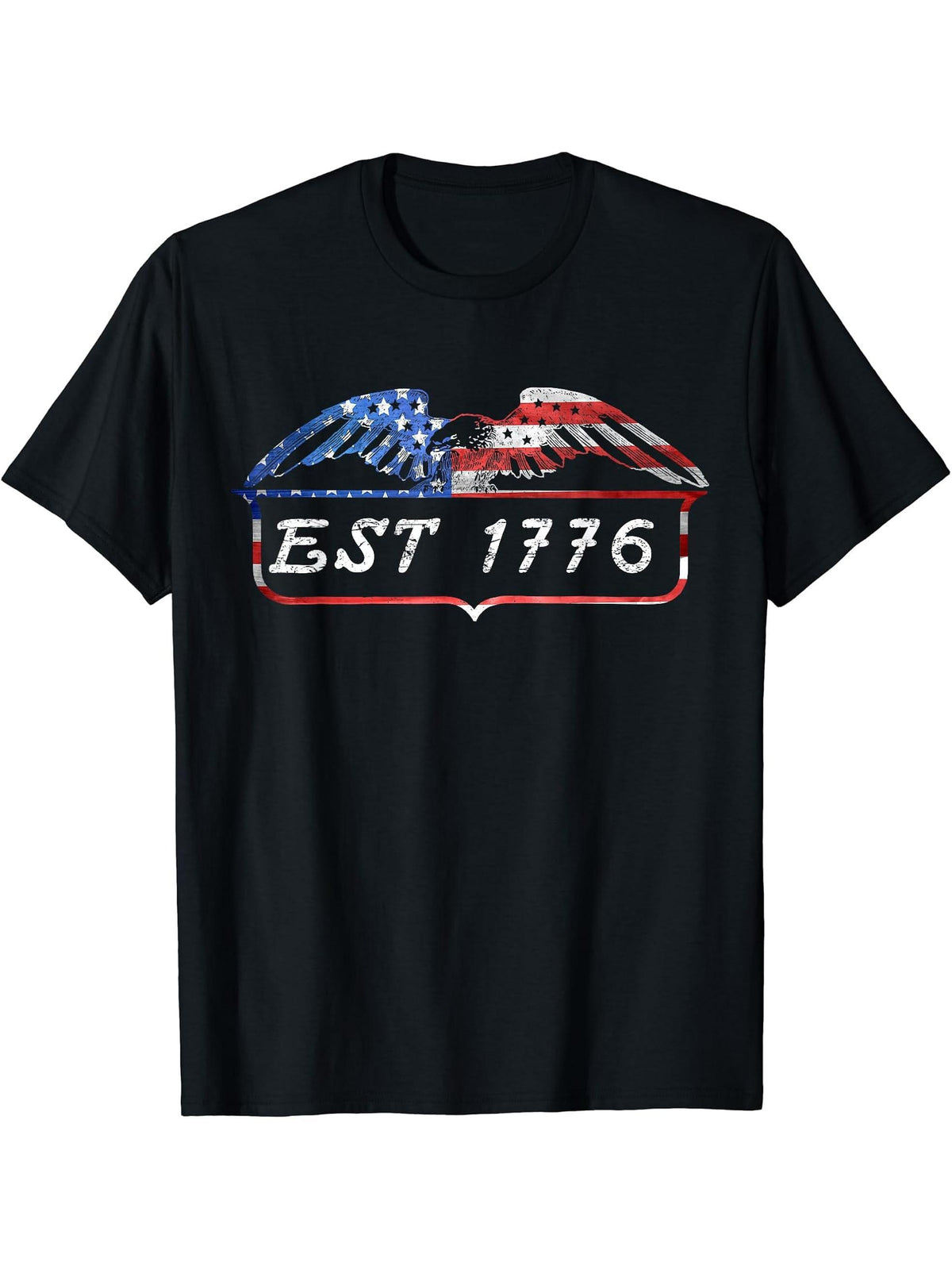 EST 1776 Patriot 4th of July American Bald Eagle USA T-Shirt 180G 100% Cotton Printed Round Neck Short-Sleeve T-Shirt, Gifts for Men Dad Husband Grandpa, S-XXXL, Black