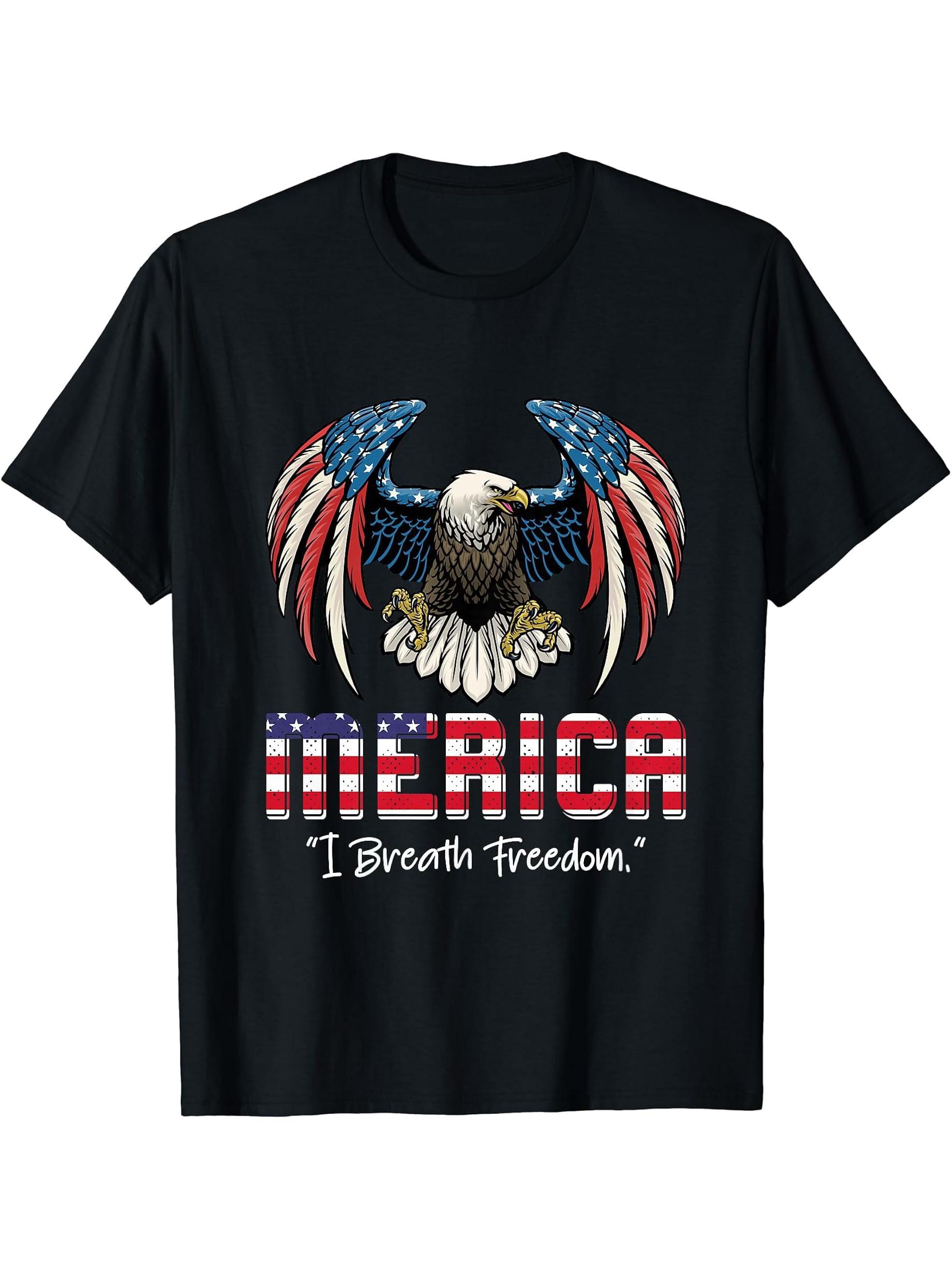 Flying Bald Eagle American Flag Father's Day Merica Eagle T-Shirt 180G 100% Cotton Printed Round Neck Short-Sleeve T-Shirt, Gifts for Men Dad Husband Grandpa, S-XXXL, Black