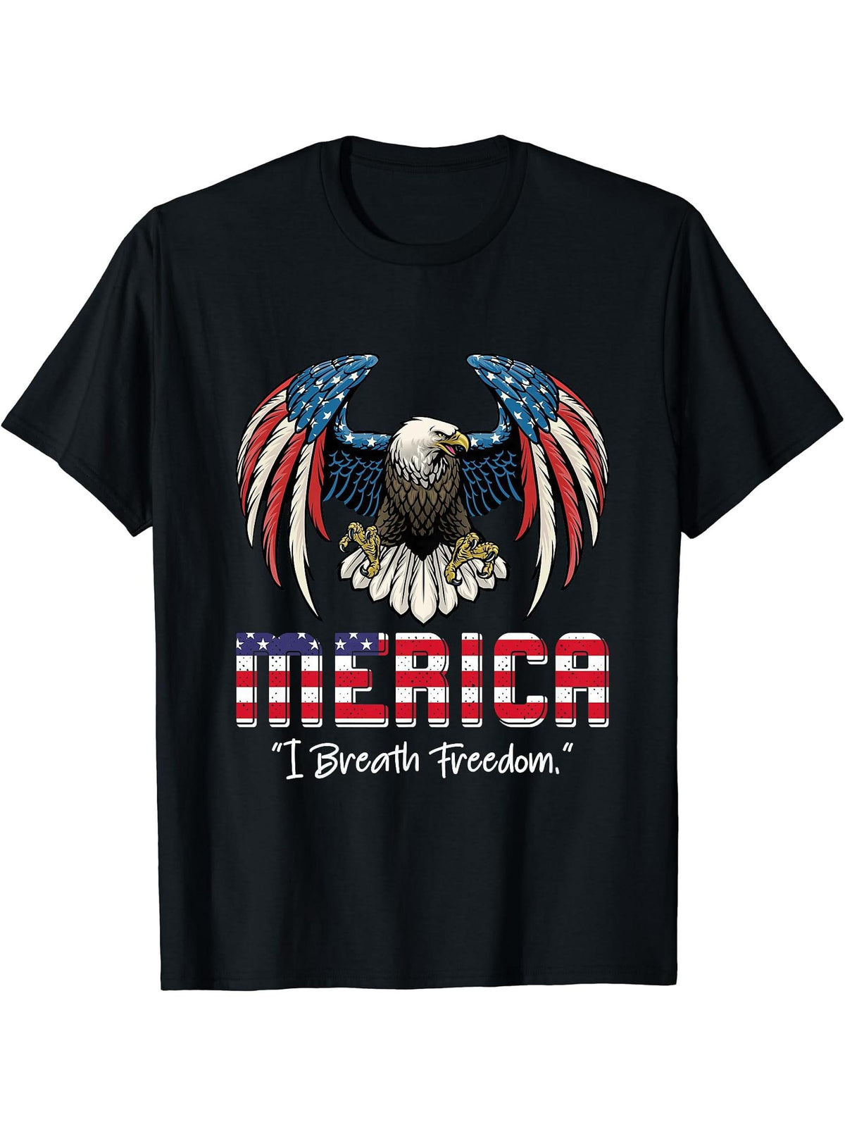 Flying Bald Eagle American Flag Father's Day Merica Eagle T-Shirt 180G 100% Cotton Printed Round Neck Short-Sleeve T-Shirt, Gifts for Men Dad Husband Grandpa, S-XXXL, Black