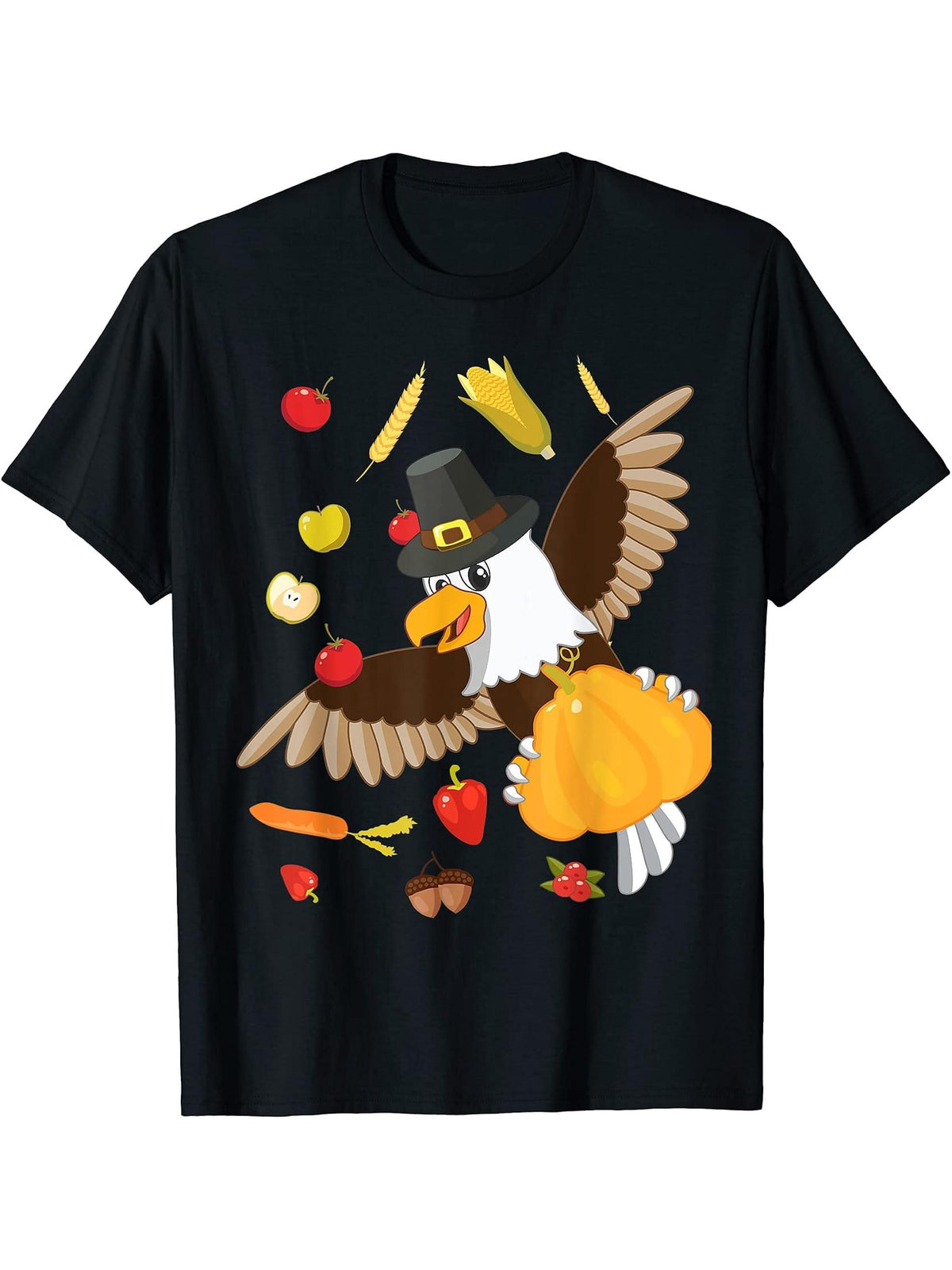 American Bald Eagle Pilgrim Thanksgiving Holiday Autumn T-Shirt 180G 100% Cotton Printed Round Neck Short-Sleeve T-Shirt, Gifts for Men Dad Husband Grandpa, S-XXXL, Black