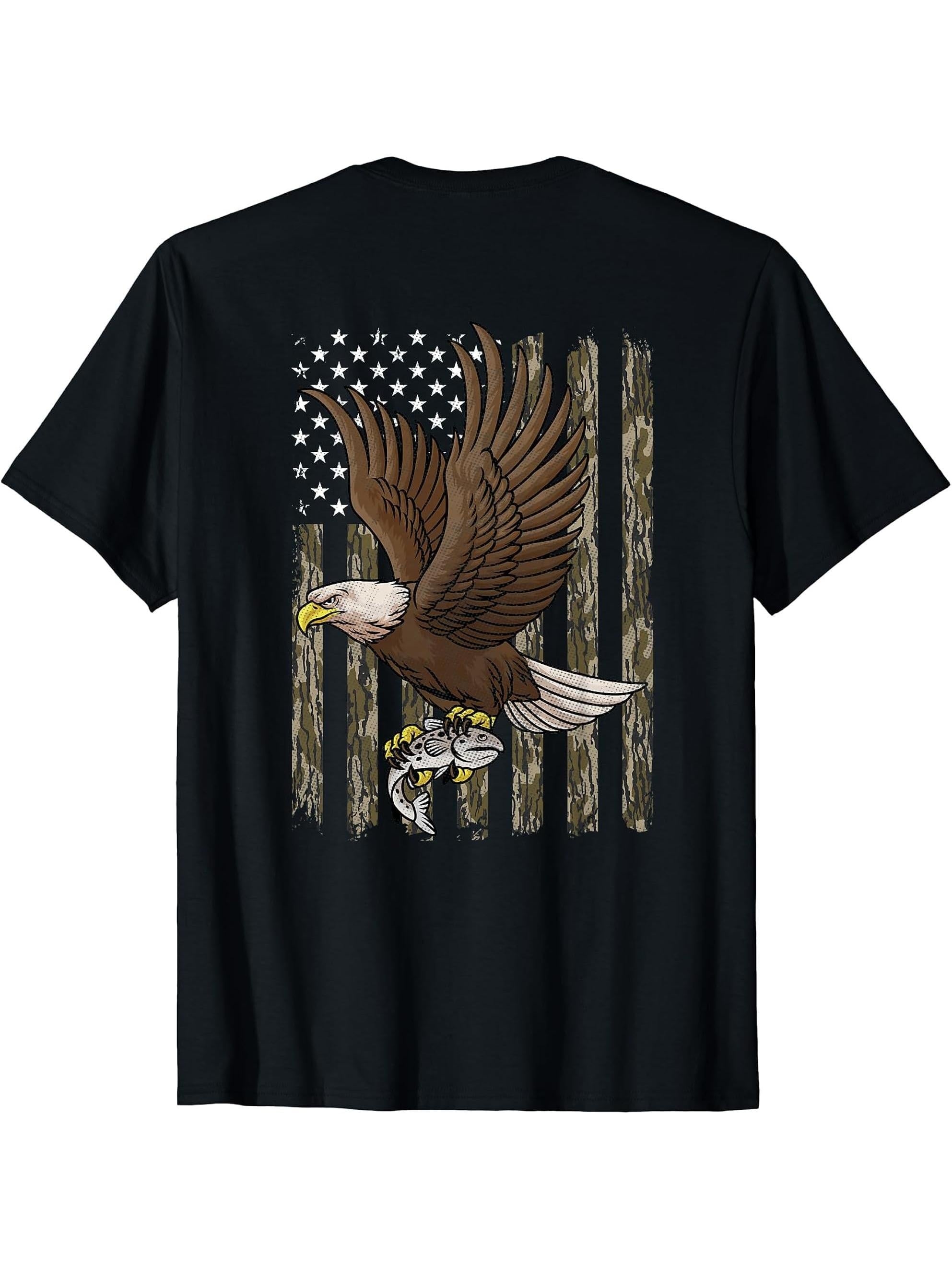 American Bald Eagle American Flag Camouflage Fishing Hunting T-Shirt 180G 100% Cotton Printed Round Neck Short-Sleeve T-Shirt, Gifts for Men Dad Husband Grandpa, S-XXXL, Black