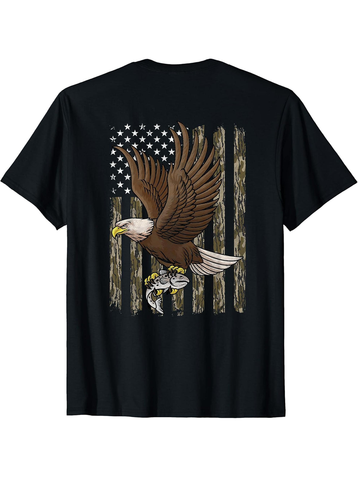 American Bald Eagle American Flag Camouflage Fishing Hunting T-Shirt 180G 100% Cotton Printed Round Neck Short-Sleeve T-Shirt, Gifts for Men Dad Husband Grandpa, S-XXXL, Black