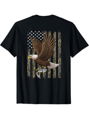 American Bald Eagle American Flag Camouflage Fishing Hunting T-Shirt 180G 100% Cotton Printed Round Neck Short-Sleeve T-Shirt, Gifts for Men Dad Husband Grandpa, S-XXXL, Black