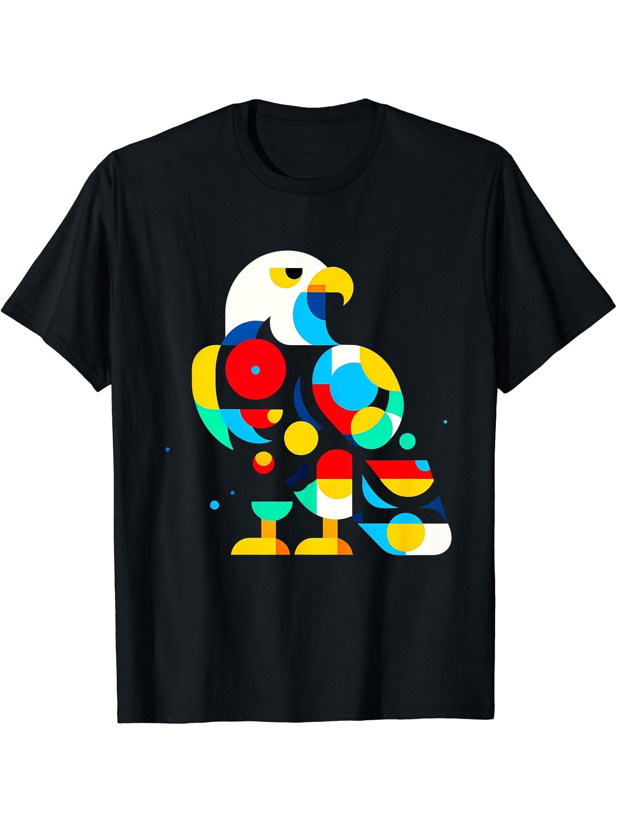 Geometric Minimalism Modern Illustration Bald Eagle Bird Art T-Shirt 180G 100% Cotton Printed Round Neck Short-Sleeve T-Shirt, Gifts for Men Dad Husband Grandpa, S-XXXL, Black
