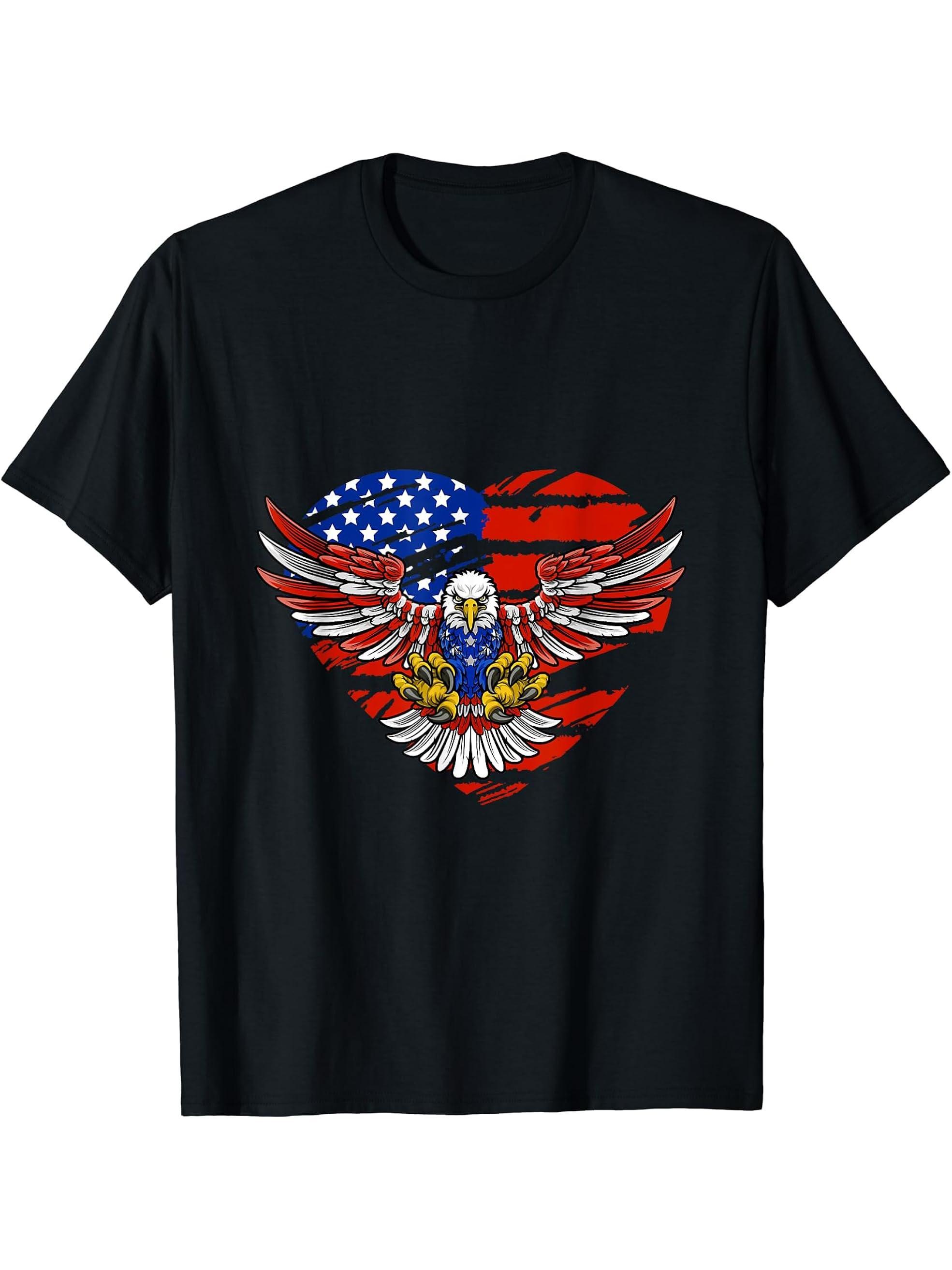 Funny Bald Eagle USA Flag 4th Of July Memorial Day Heart T-Shirt 180G 100% Cotton Printed Round Neck Short-Sleeve T-Shirt, Gifts for Men Dad Husband Grandpa, S-XXXL, Black